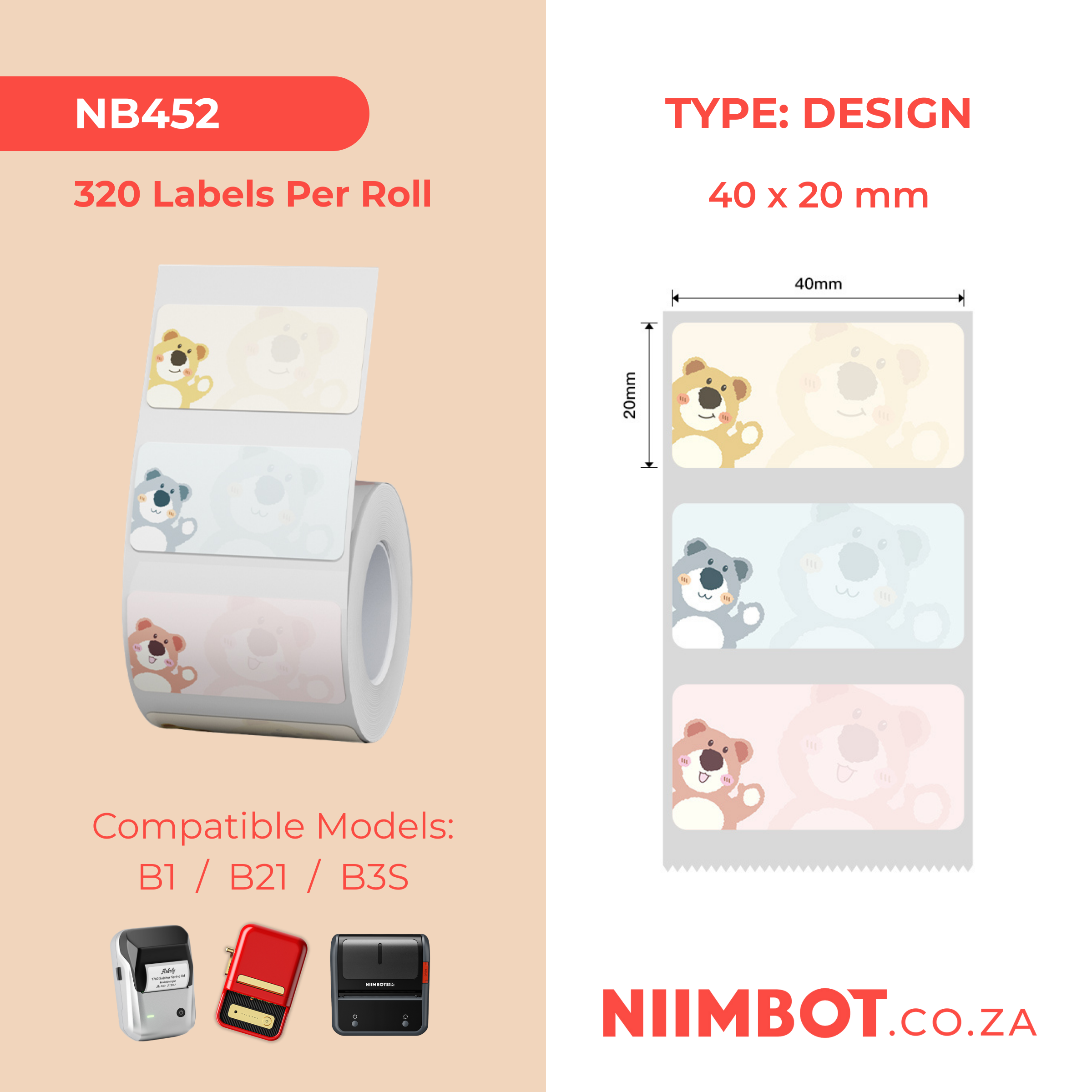 NB452 - NIIMBOT - B1 / B21 / B3S - T40X20MM - 320 LABELS PER ROLL - CUTE BEAR DESIGN