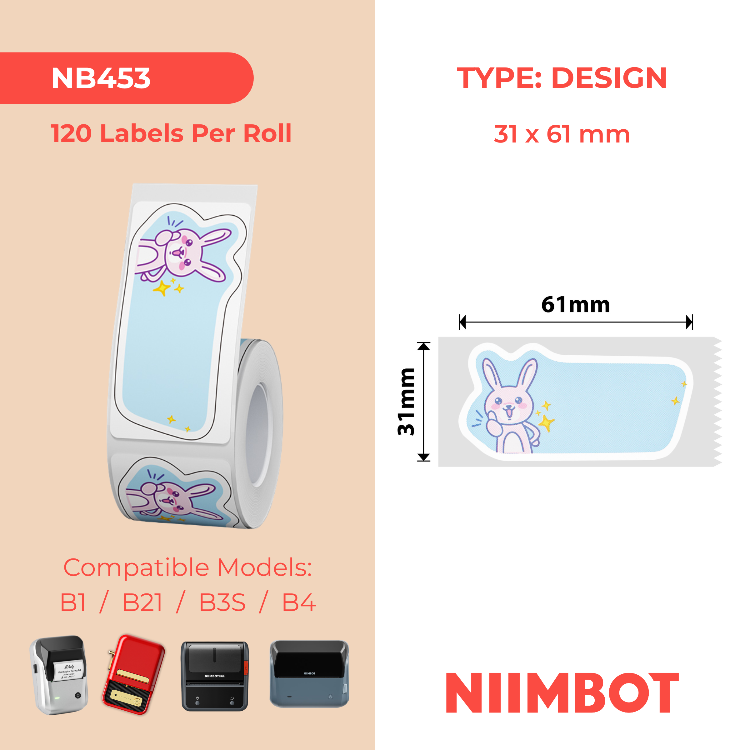 NB453 - NIIMBOT - B1 / B21 / B3S - T31*61MM - 120 ETIKETTE PER ROL - GOEIE WERK ONTWERP