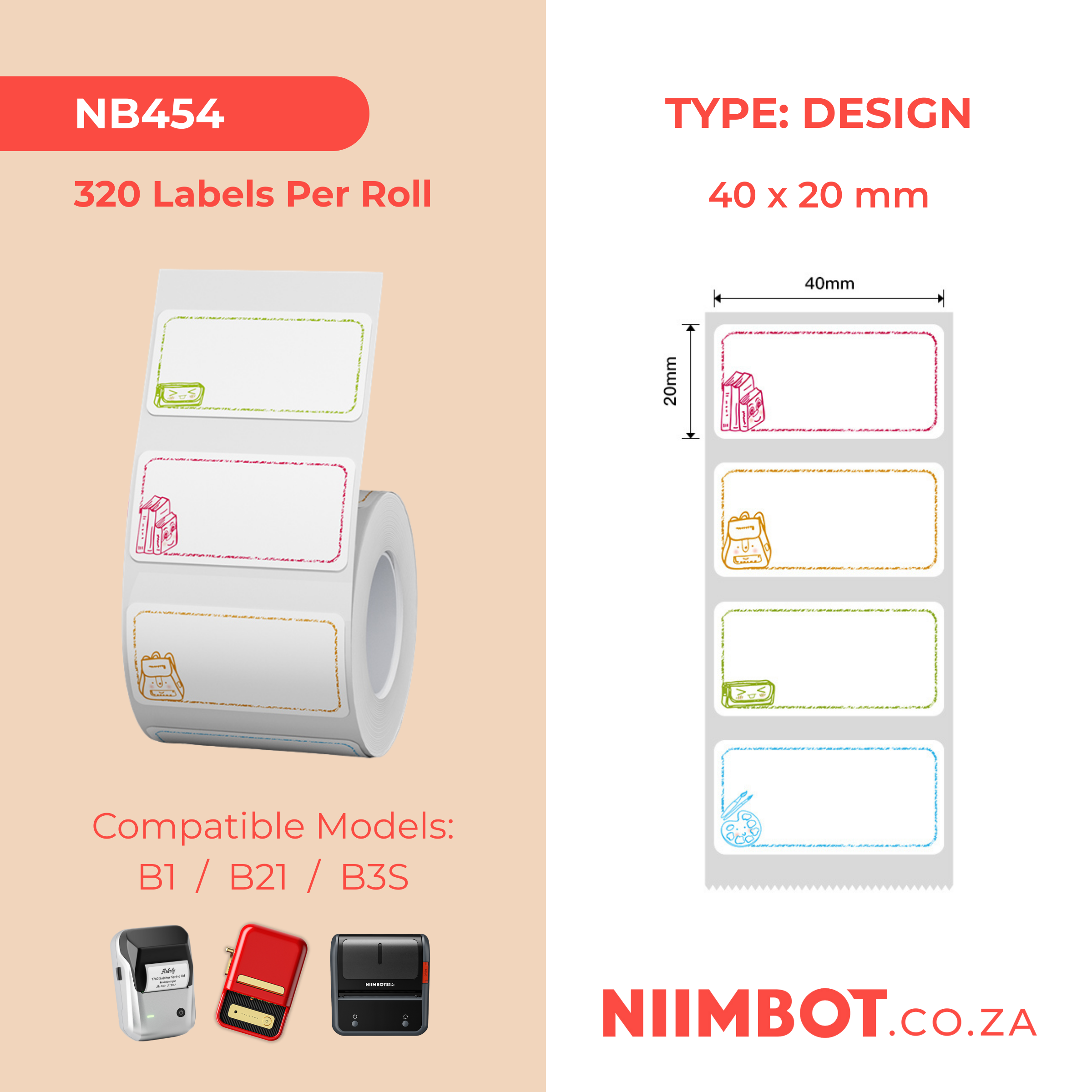 NB454 - NIIMBOT - B1 / B21 / B3S - 40X20MM - 320 THERMAL LABELS (MULTI-COLOUR) - STUDY BUDDY DESIGN