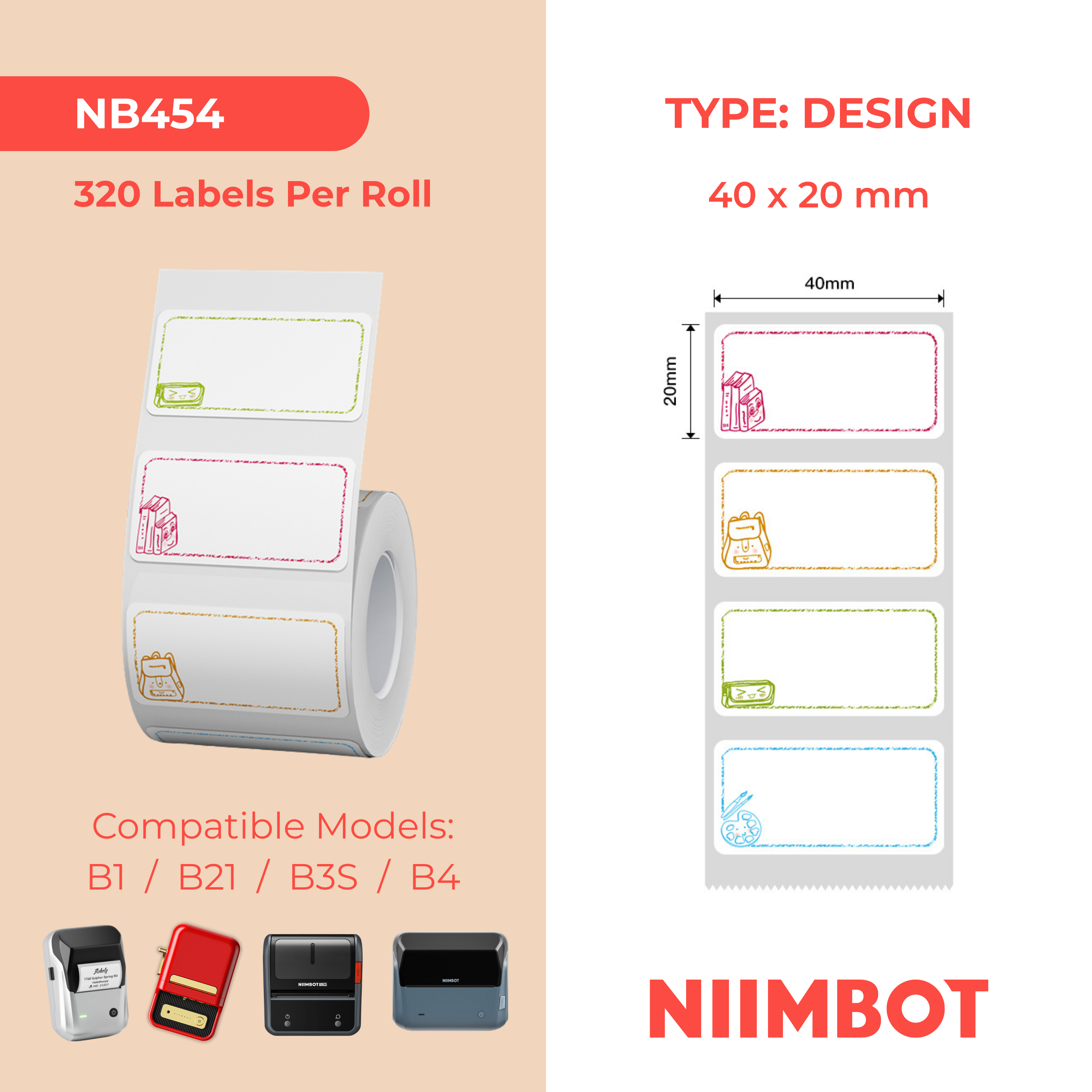 NB454 - NIIMBOT - B1 / B21 / B3S / B4 - 40X20MM - 320 STUDY BUDDY MULTI - COLOUR LABELS