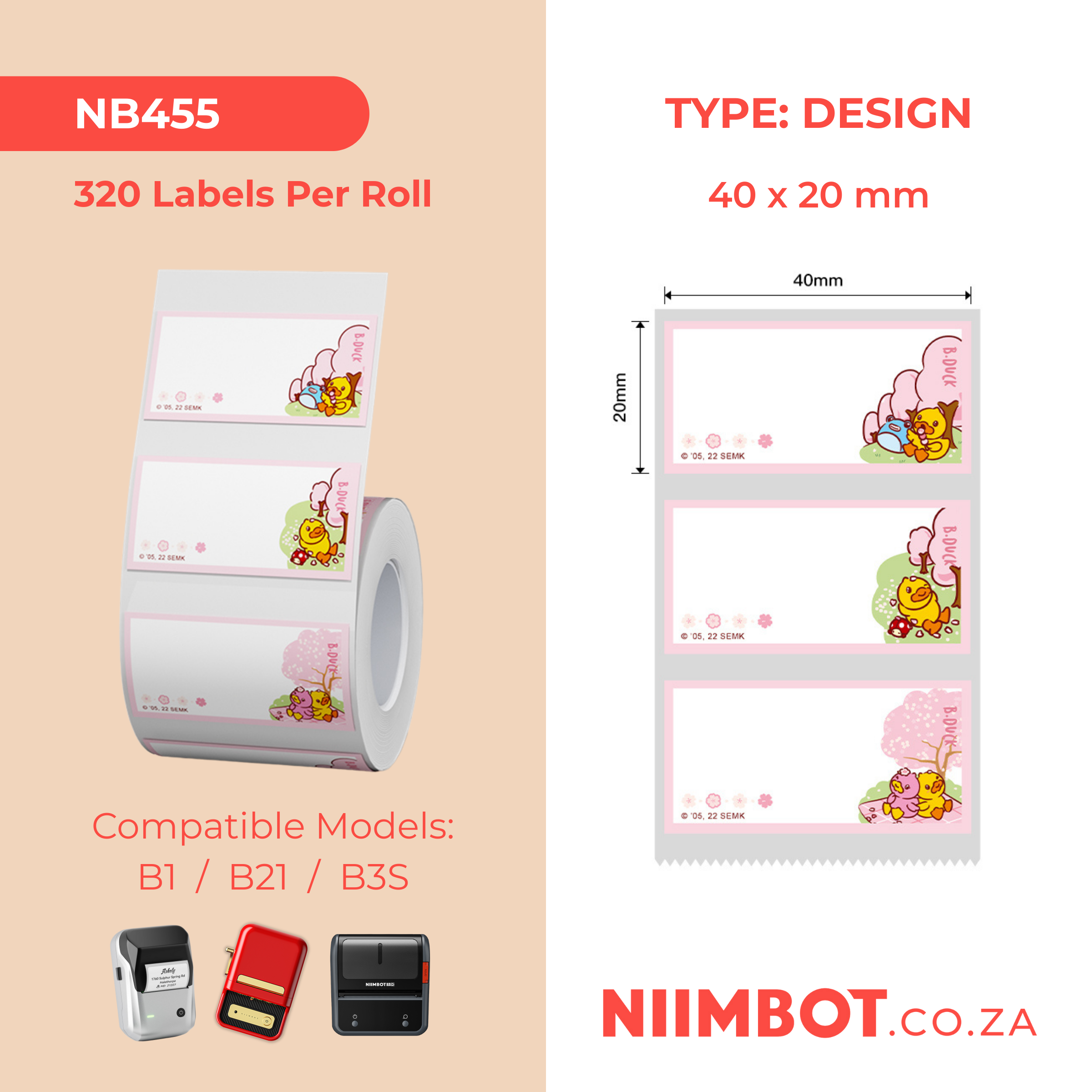 NB455 - NIIMBOT - B1 / B21 / B3S - 40X20MM - 320 LABELS PER ROLL - DUCK AND CHERRY BLOSSOM DESIGN
