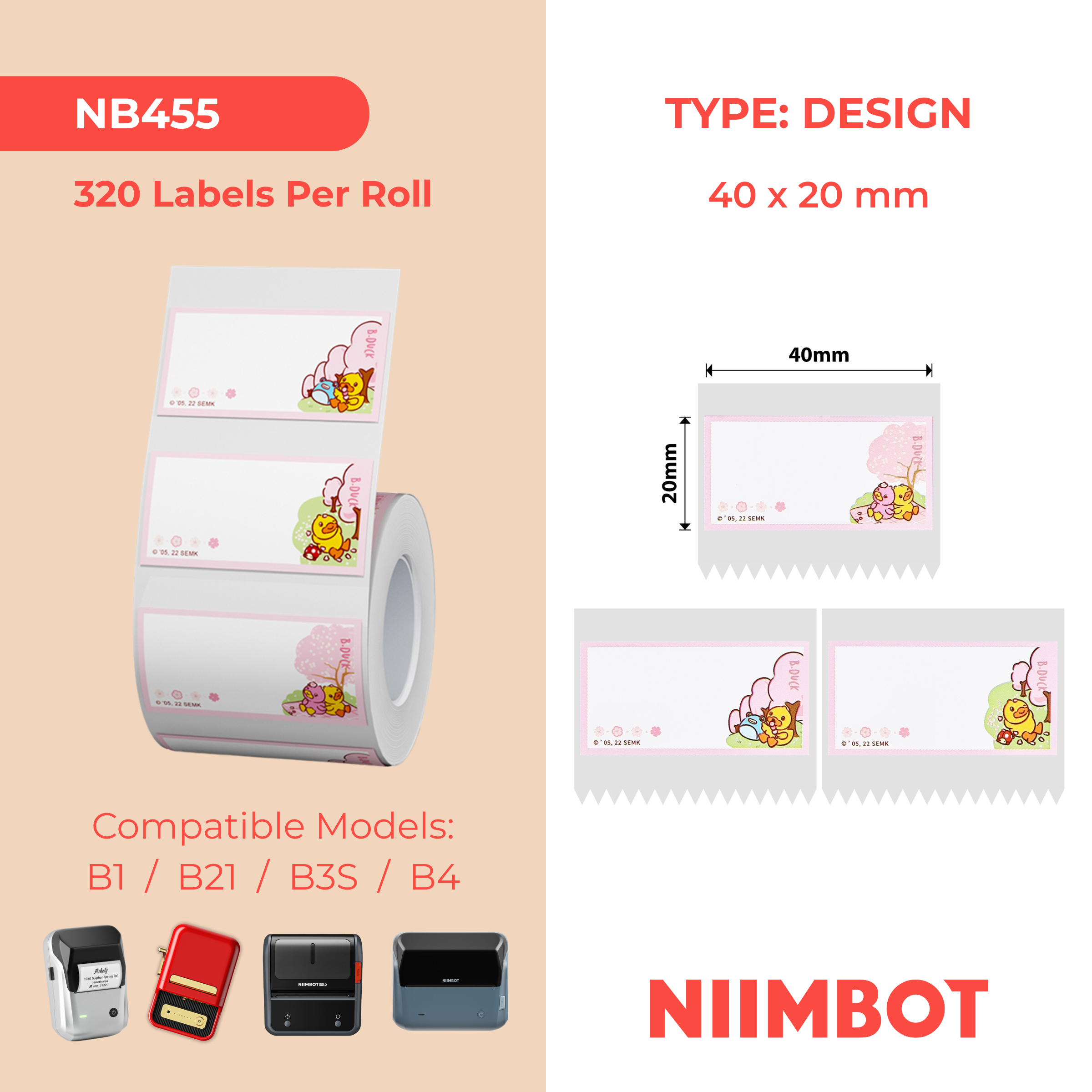 NB455 - NIIMBOT - B1 / B21 / B3S - 40*20MM - 320 ETIKETTE PER ROL - EEND- EN KERSIEBLOMONTWERP 