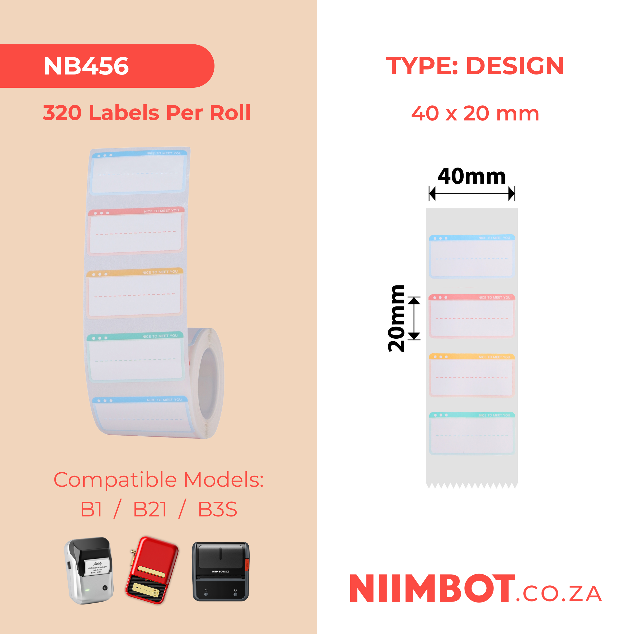 NB456 - NIIMBOT - B1 / B21 / B3S - T40X20MM - 320 LABELS PER ROLL - NICE TO MEET YOU DESIGN