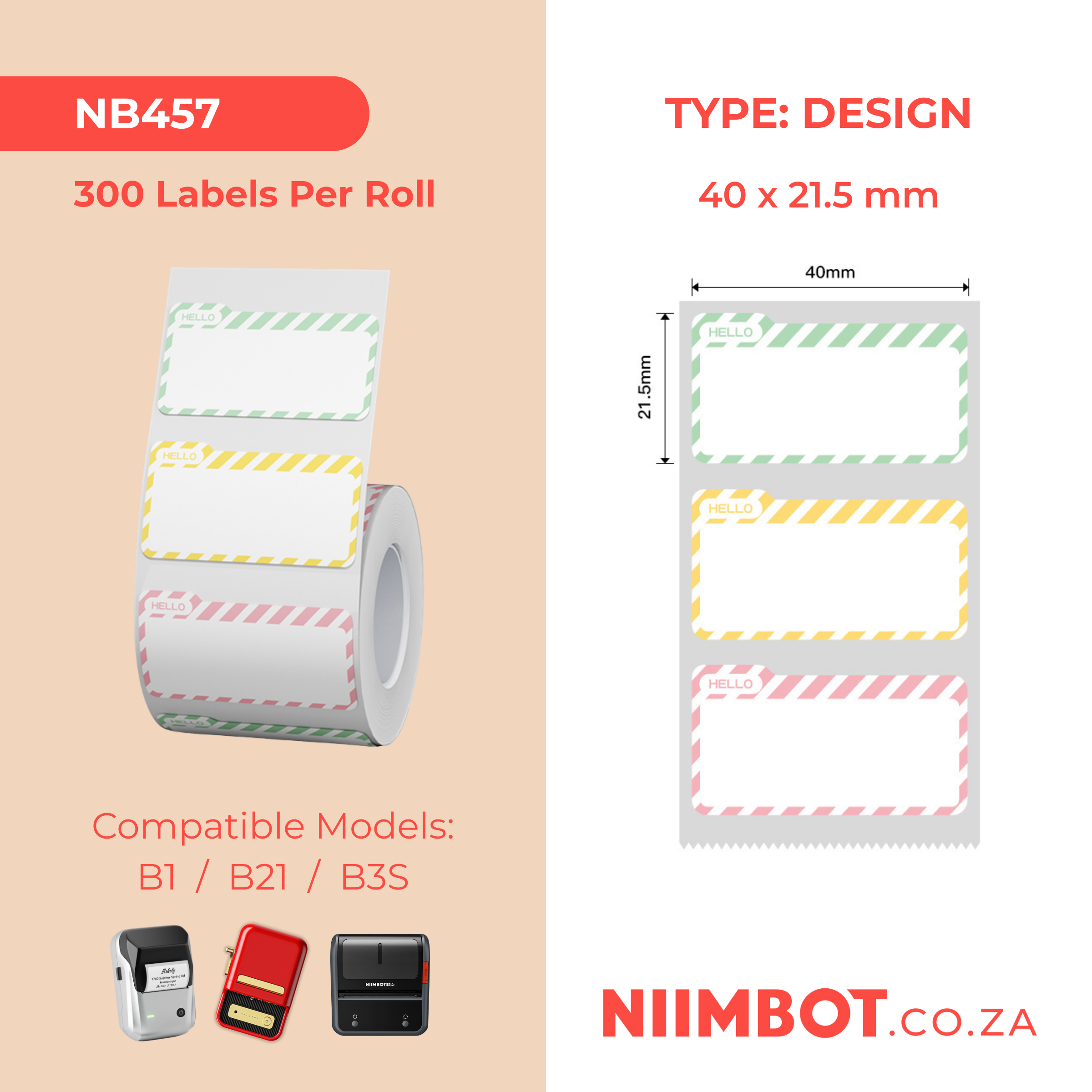 NB457 - NIIMBOT - B1 / B21 / B3S - 40X21.5MM - 300 THERMAL LABLES (MULTI-COLOUR) - HELLO NAME TAG DESIGN