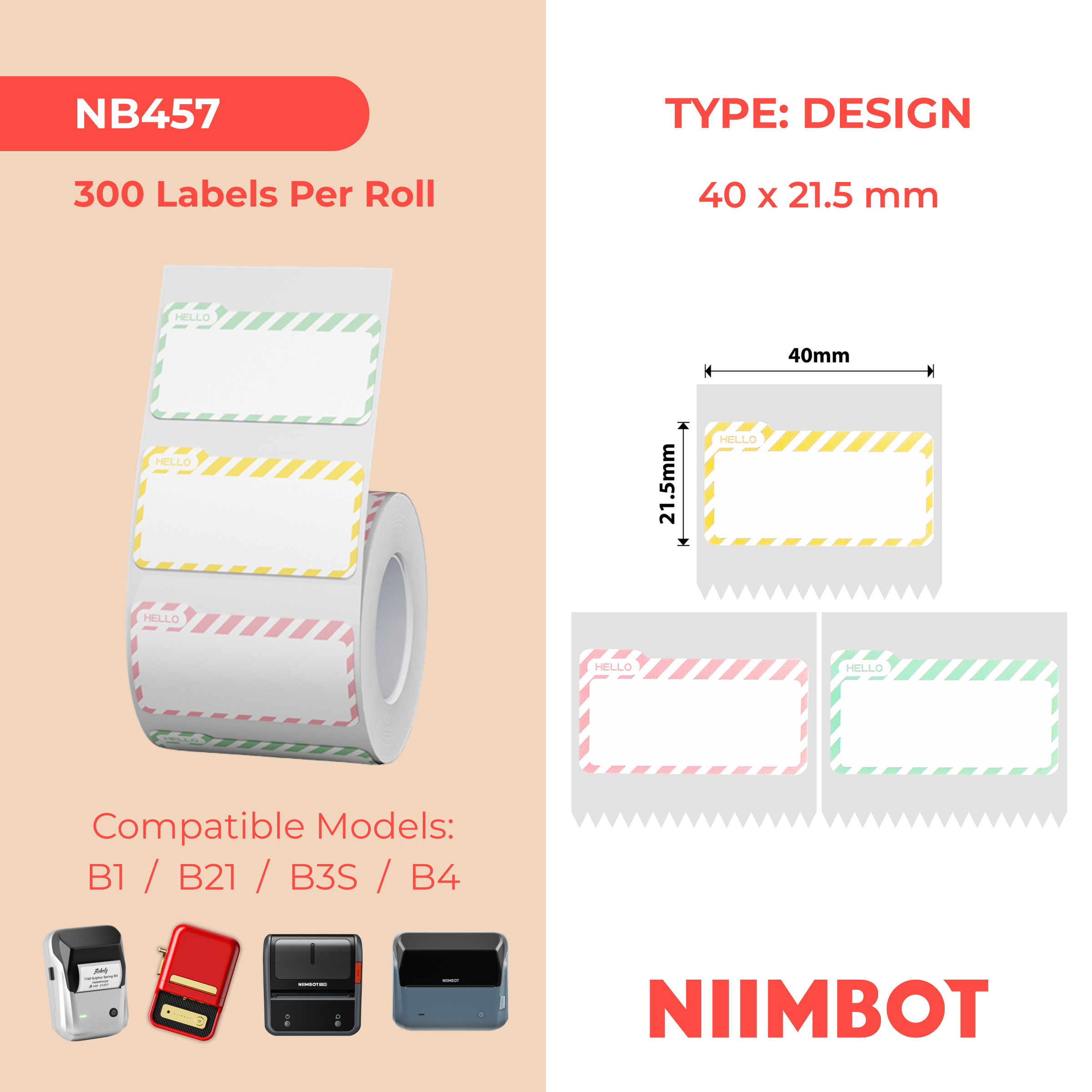 NB457 - NIIMBOT - B1 / B21 / B3S - 40*21.5MM - 300 TERMIESE ETIKETTE (VEELKLEURIG) - HALLO NAAMETJIE-ONTWERP