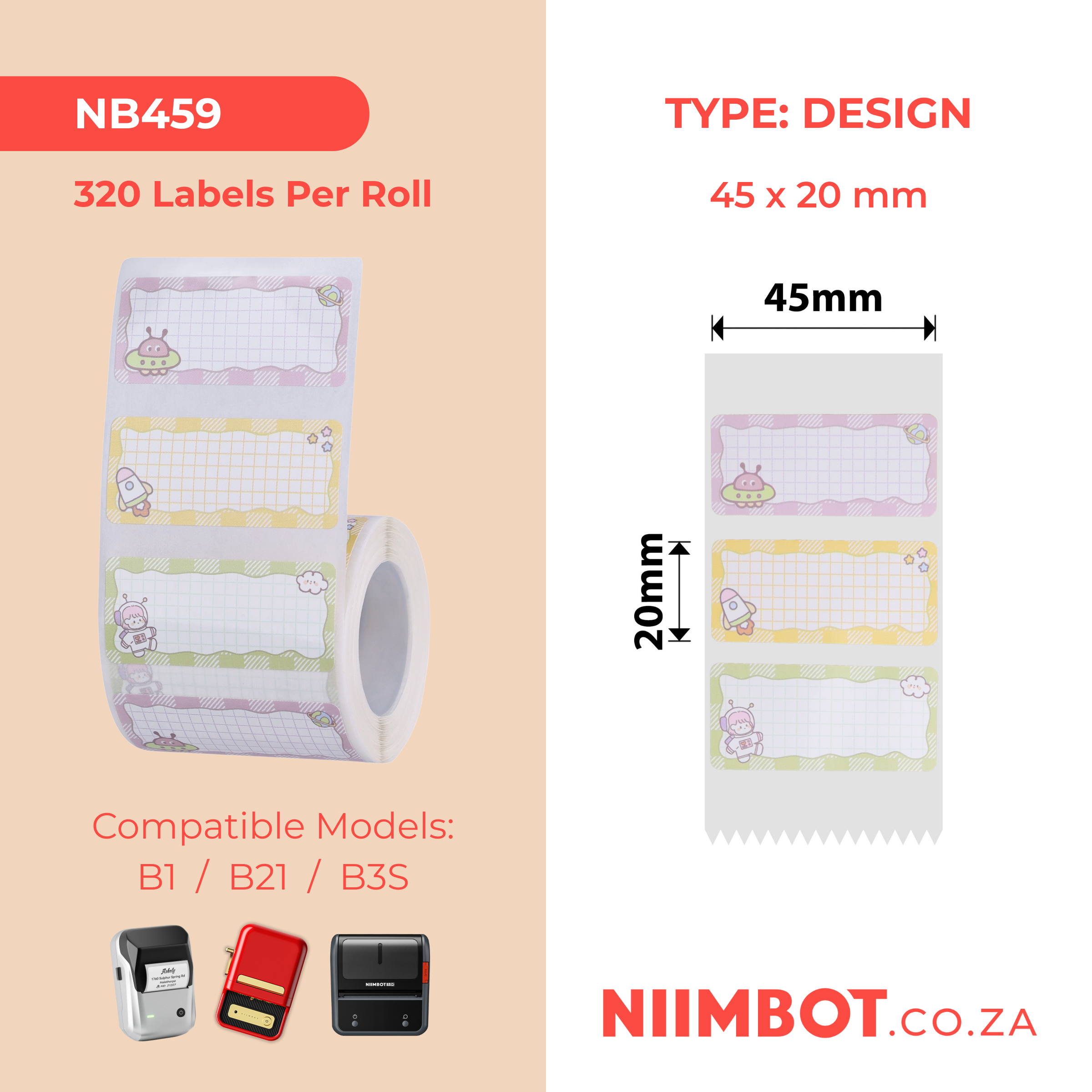 NB459 - NIIMBOT - B1 / B21 / B3S - 45X20MM - 320 THERMAL LABELS - SPACE SQUAD DESIGN