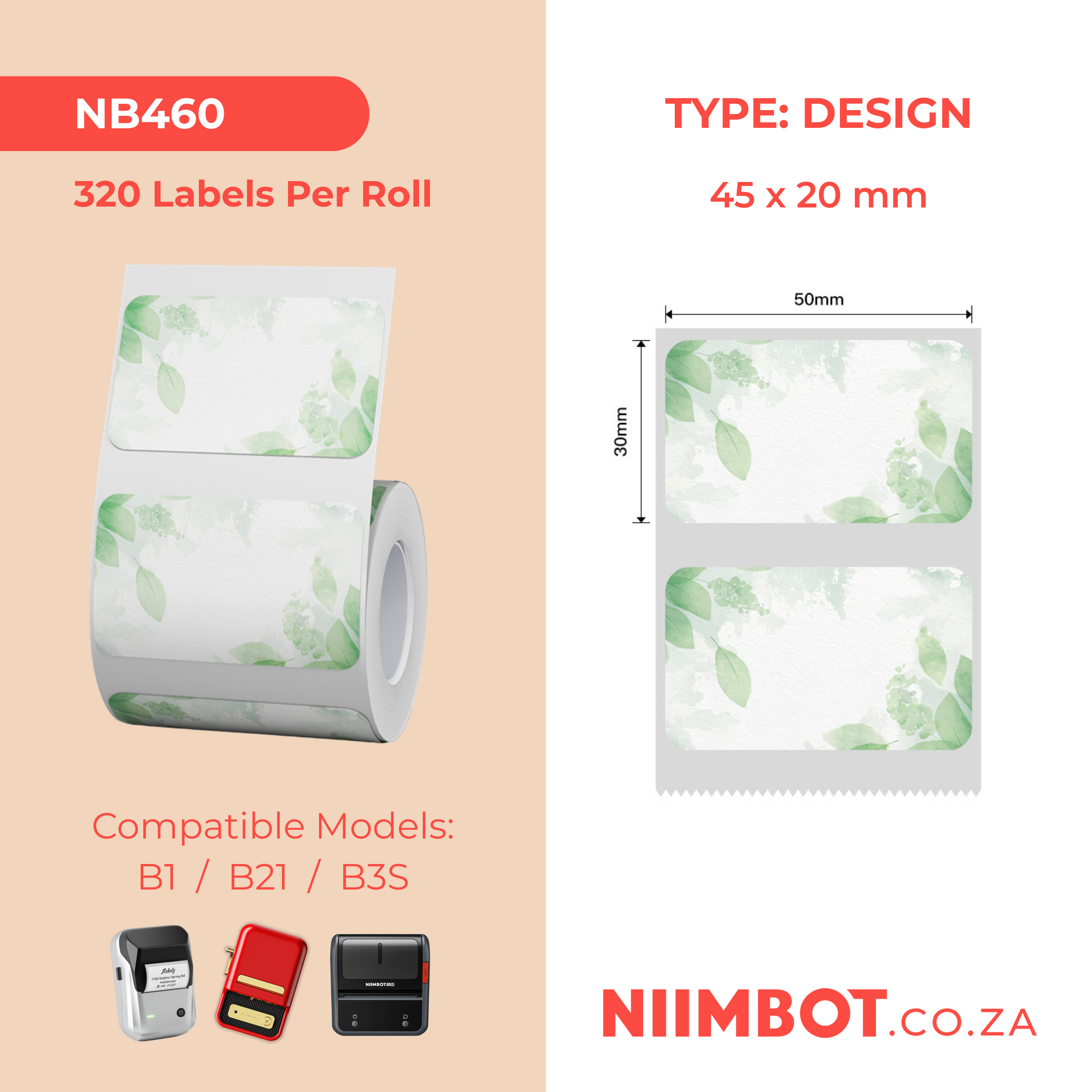 NB460 - NIIMBOT - B1 / B21 / B3S - T50X30MM - 230 THERMAL LABELS - GREEN LEAF DESIGN