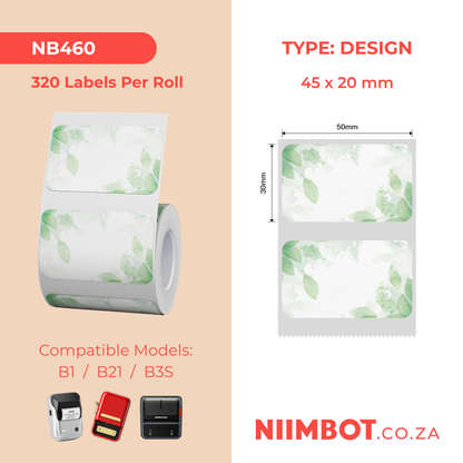 NB460 - NIIMBOT - B1 / B21 / B3S - T50X30MM - 230 THERMAL LABELS - GREEN LEAF DESIGN