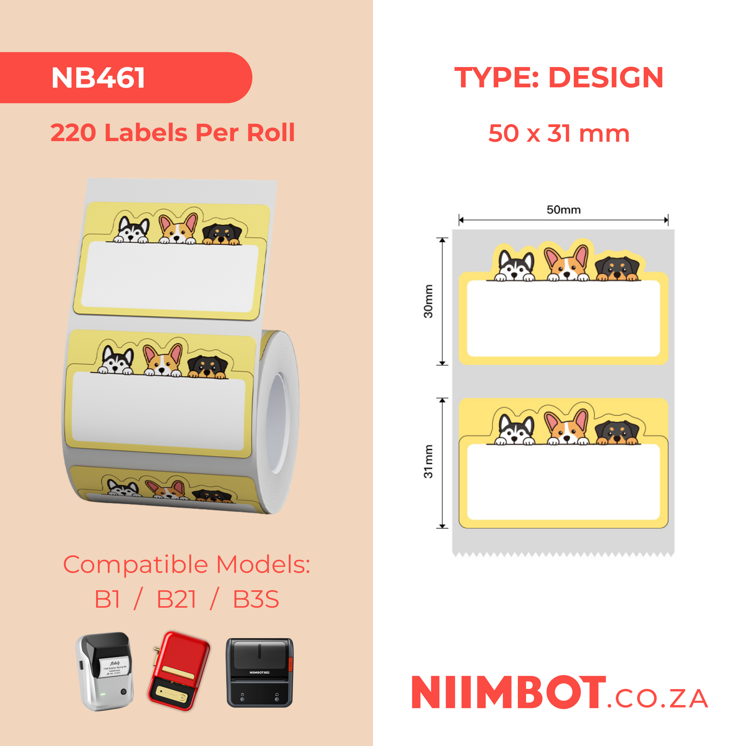 NB461 - NIIMBOT - B1 / B21 / B3S - 50X31MM - 220 THERMAL LABELS - DOG DESIGN