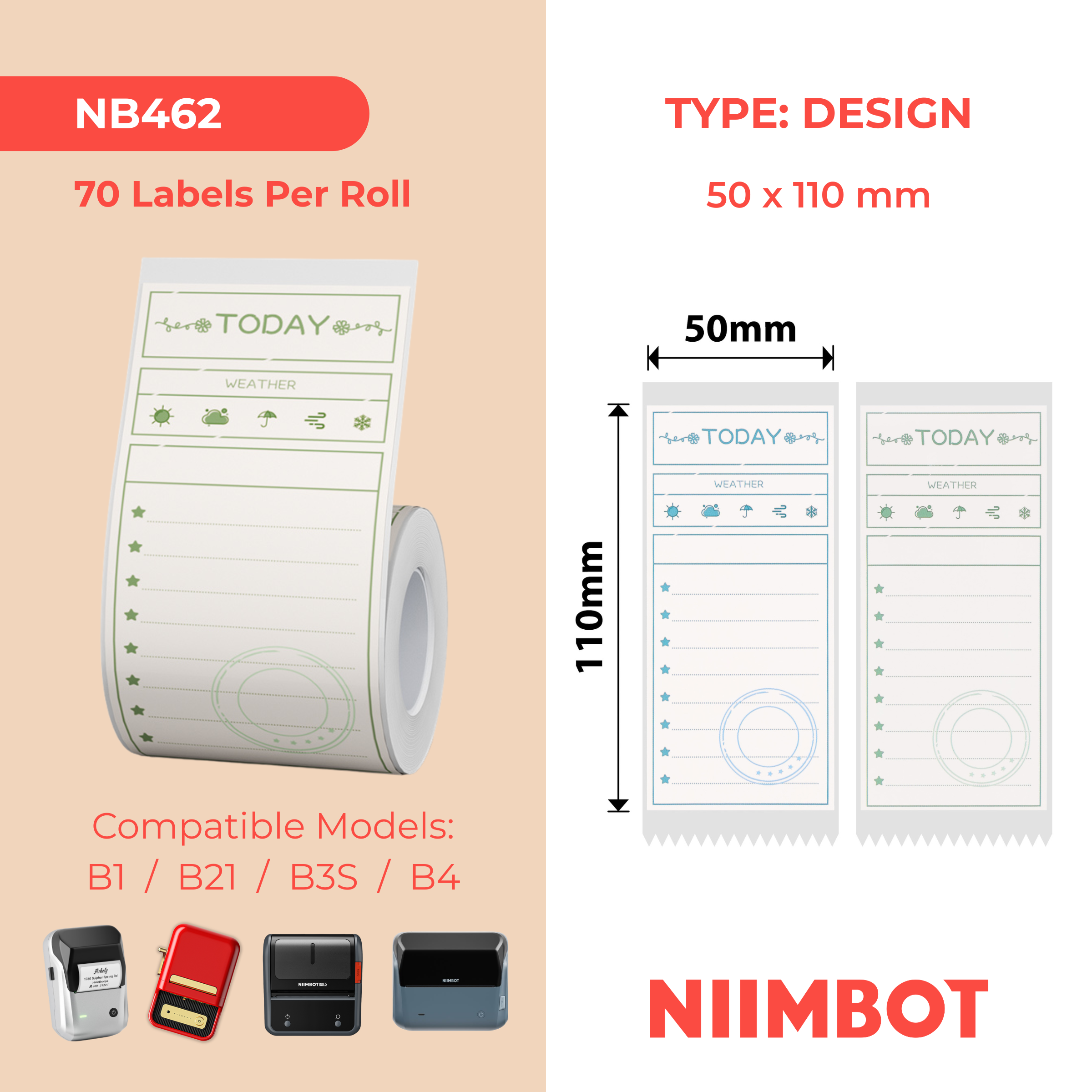 NB462 - NIIMBOT - B1 / B21 / B3S - 50*110MM - 70 TERMIESE ETIKETTE - TAKE DO LYS ONTWERP 