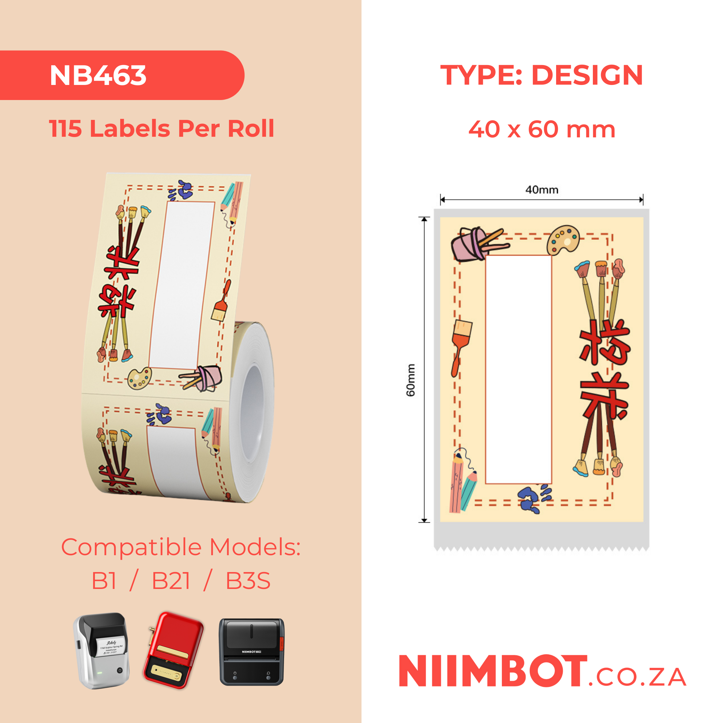 NB463 - NIIMBOT - B1 / B21 / B3S - 40X60MM - 115 THERMAL LABELS - CREATIVE ART DESIGN