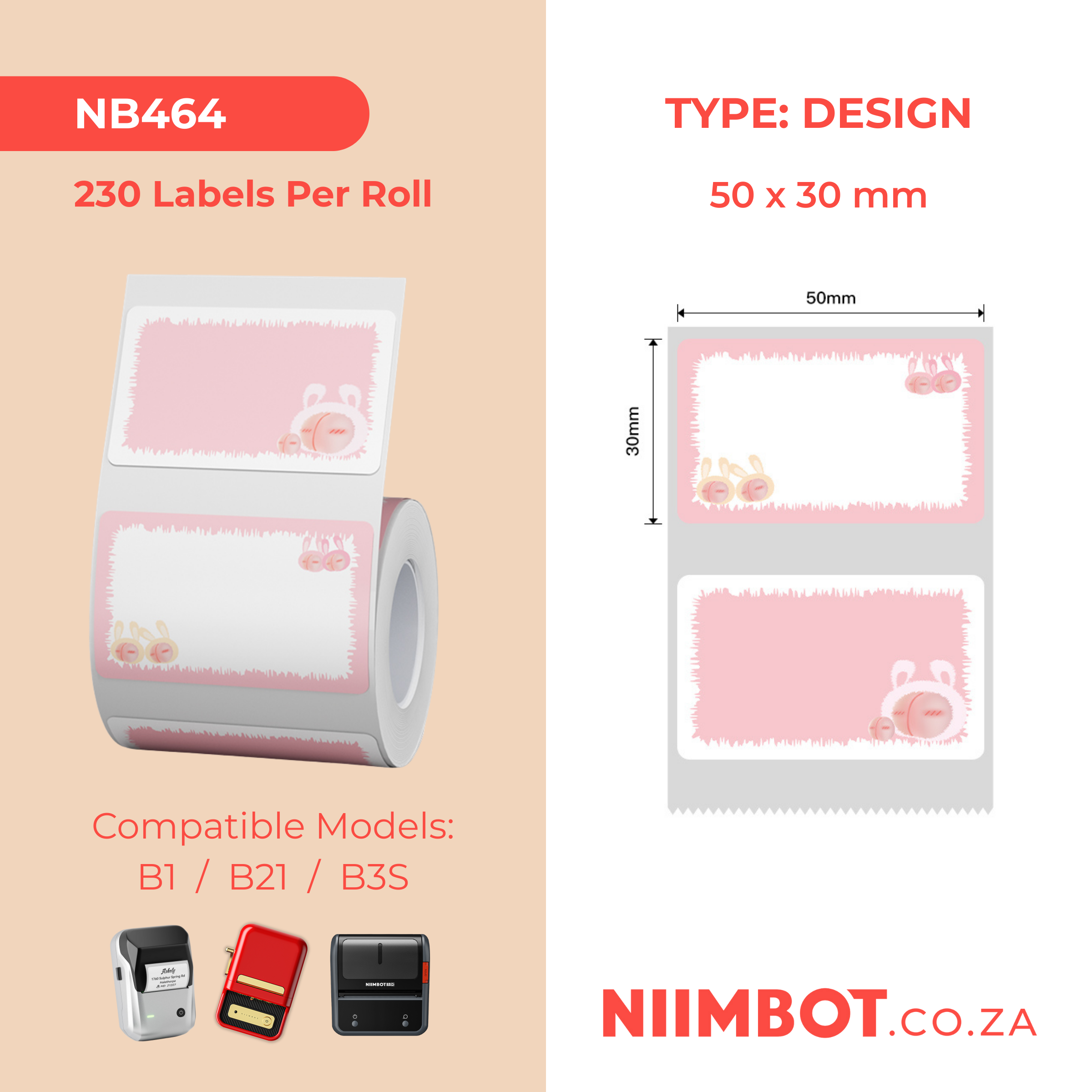 NB464 - NIIMBOT - B1 / B21 / B3S - T50X30MM - 230 LABELS PER ROLL - PEACH DESIGN