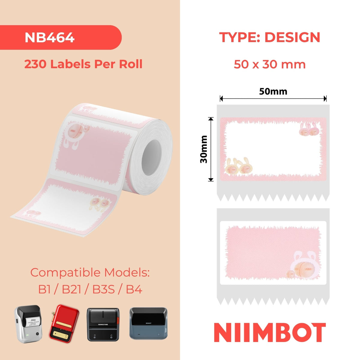NB464 - NIIMBOT - B1 / B21 / B3S - T50*30 - 230 ETIKETTE PER ROL - PERSKE-ONTWERP