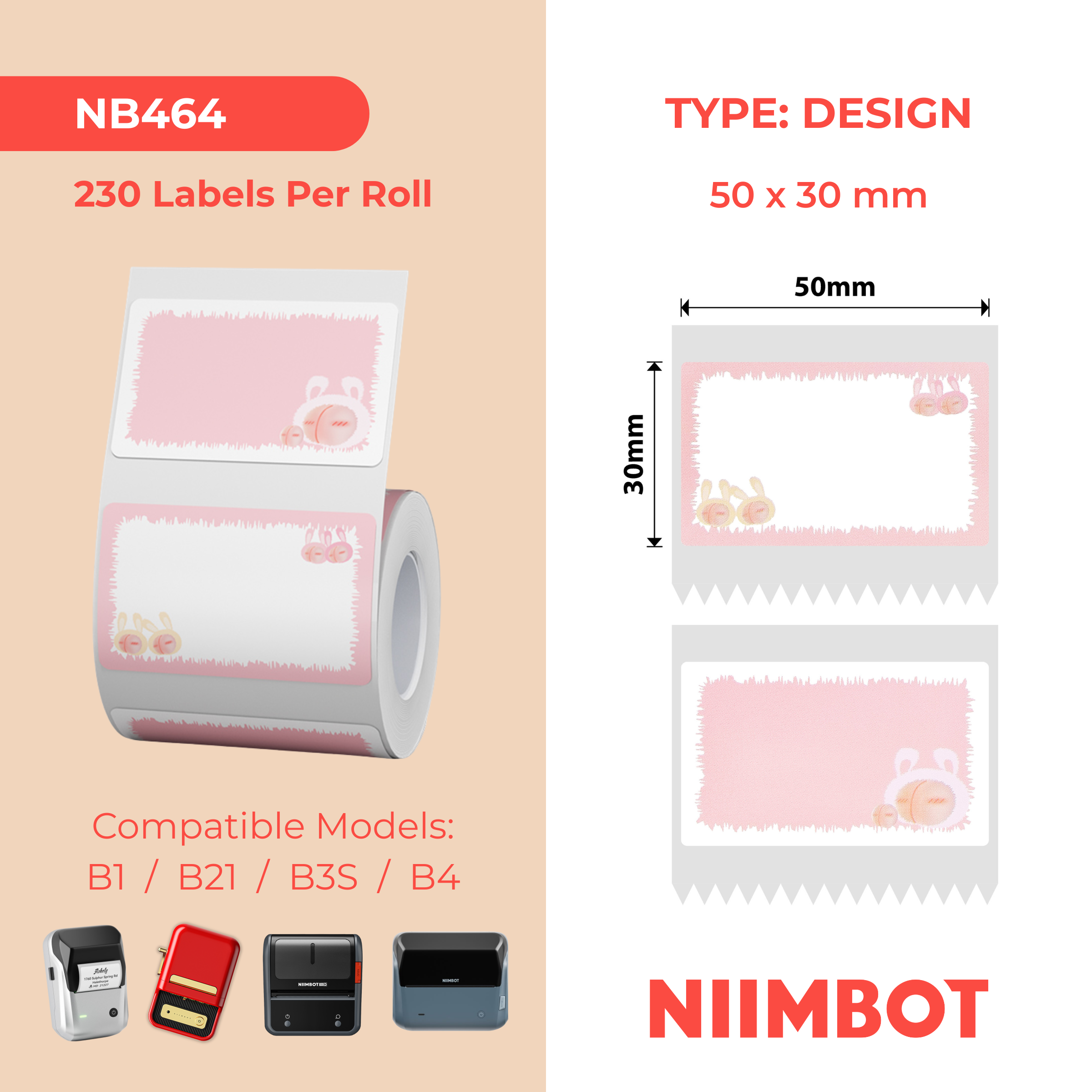 NB464 - NIIMBOT - B1 / B21 / B3S - T50*30 - 230 ETIKETTE PER ROL - PERSKE-ONTWERP