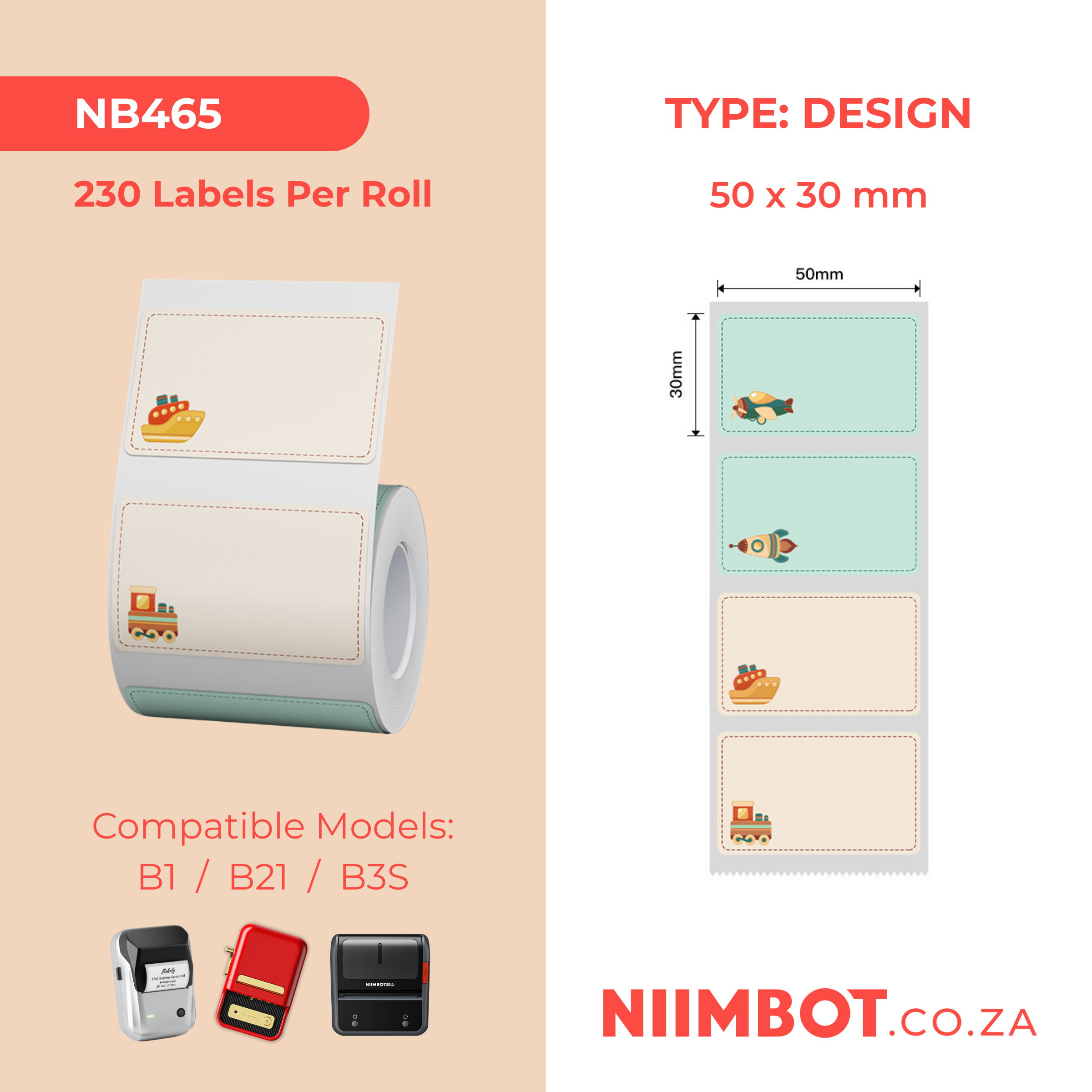 NB465 - NIIMBOT - B1 / B21 / B3S - 50X30MM - 230 THERMAL LABELS (MULTI-COLOUR) - CHILDHOOD TOYS DESIGN