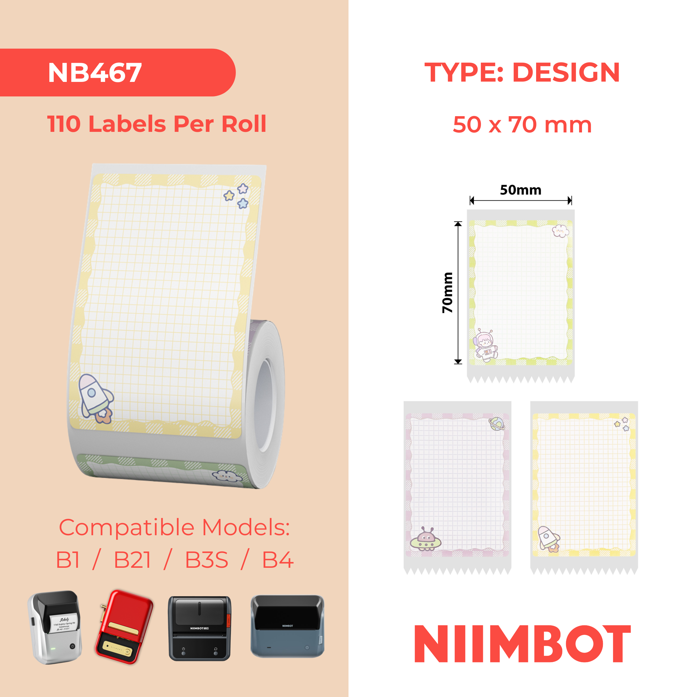 NB467 - NIIMBOT - B1 / B21 / B3S - T50*70 - 110 ETIKETTE PER ROL - KAMPEERONTWERP
