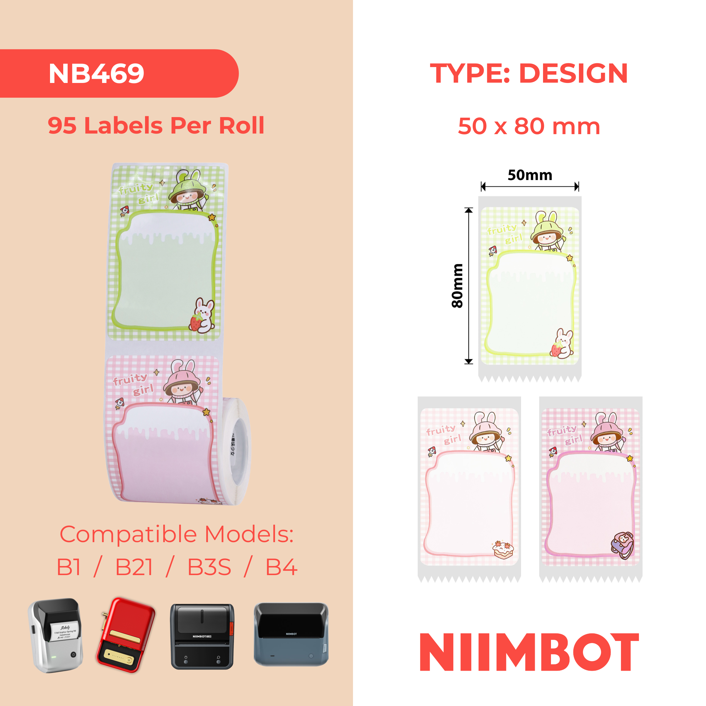 NB469 - NIIMBOT - B1 / B21 / B3S - 50*80MM - 95 TERMIESE ETIKETTE (VEELKLEURIG) - FRUITY GIRL ONTWERP 