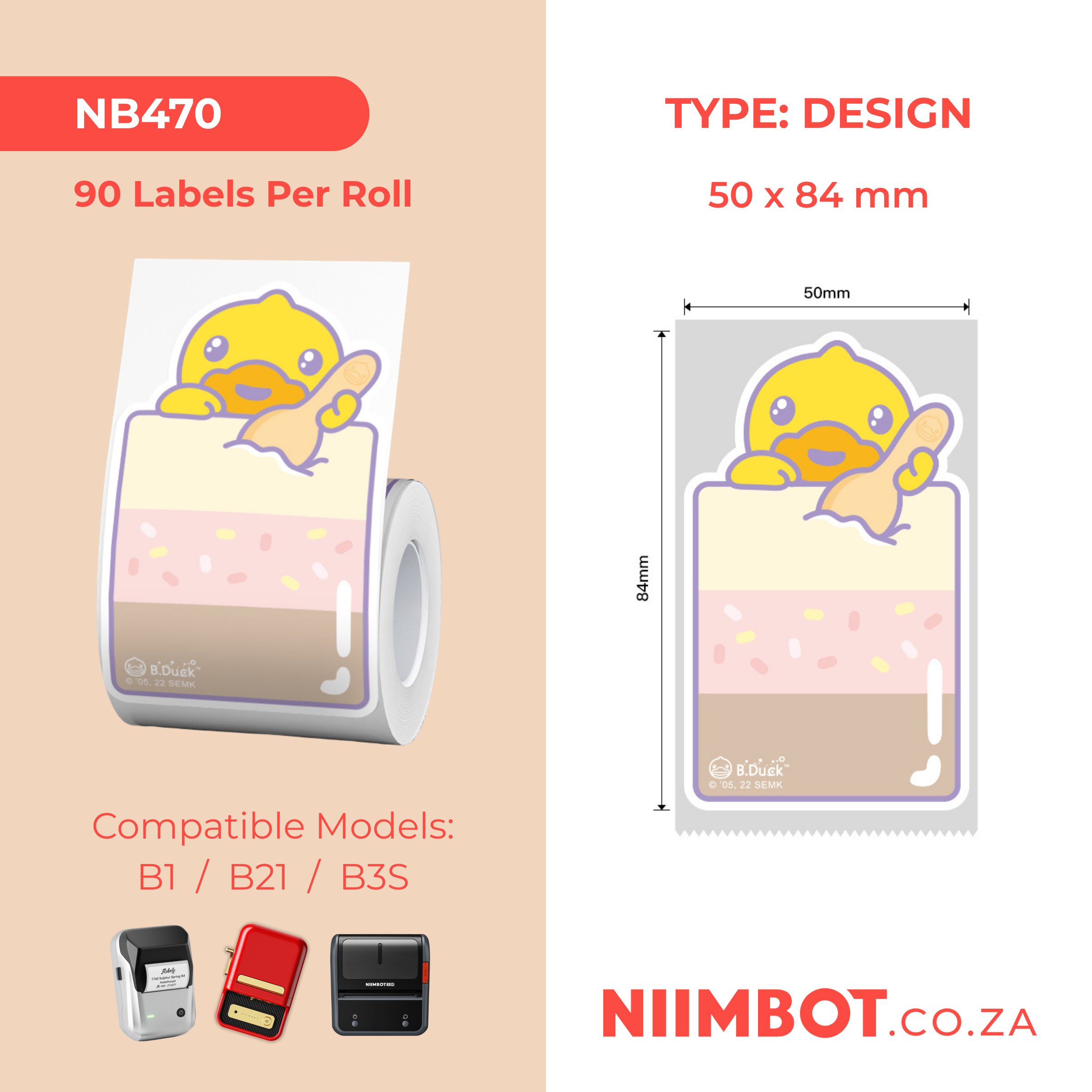 NB470 - NIIMBOT - B1 / B21 / B3S - 50X84MM - 90 THERMAL LABELS - ICE CREAM DUCK DESIGN