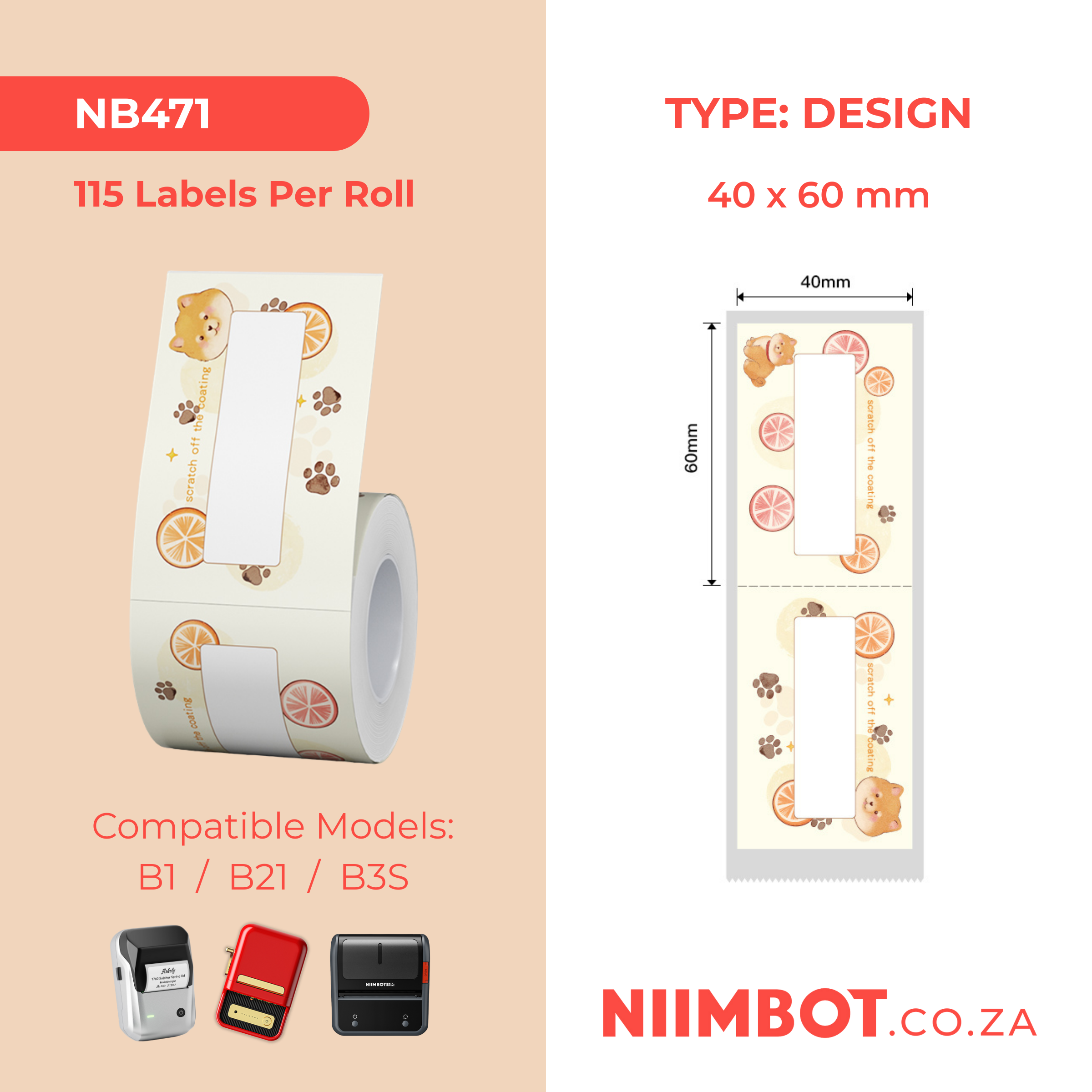 NB471 - NIIMBOT - B1 / B21 / B3S - TP40X60MM - 115 LABELS PER ROLL -  YELLOW LEMON DESIGN