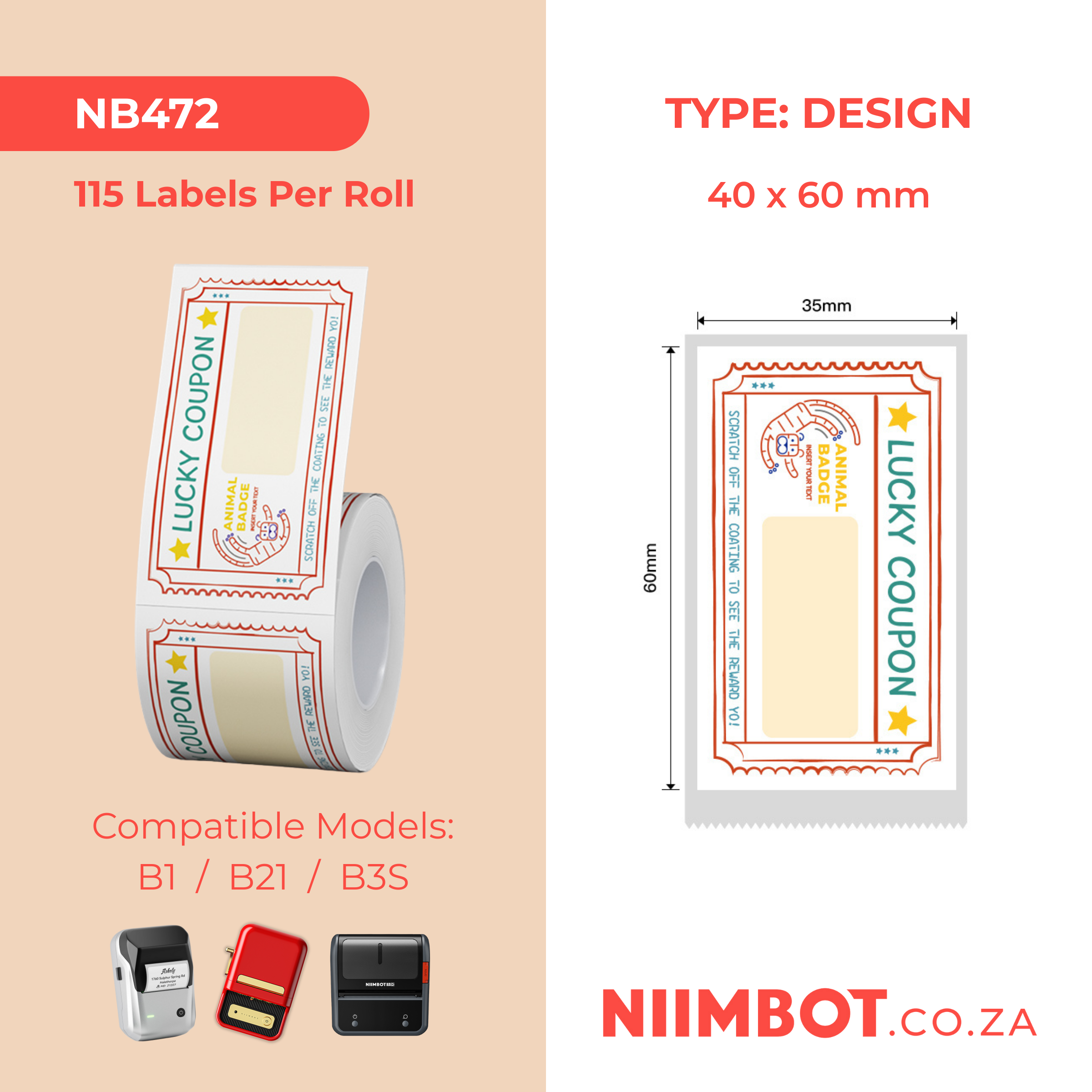 NB472 - NIIMBOT - B1 / B21 / B3S - TP35X60MM - 115 LABELS PER ROLL - LUCKY TIGER DESIGN