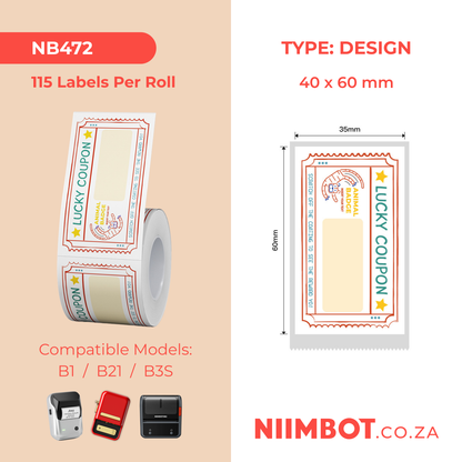 NB472 - NIIMBOT - B1 / B21 / B3S - TP35X60MM - 115 LABELS PER ROLL - LUCKY TIGER DESIGN