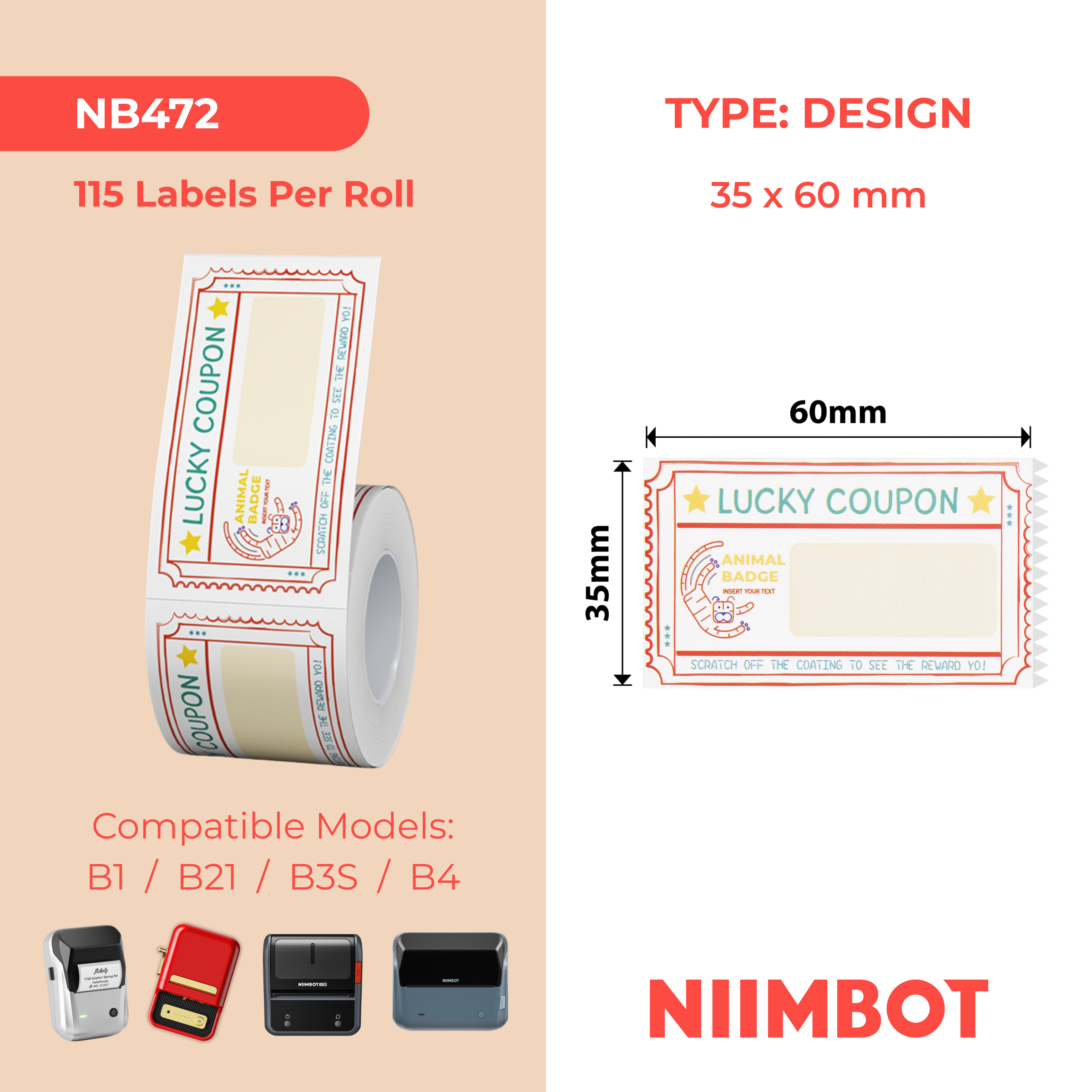 NB472 - NIIMBOT - B1 / B21 / B3S - TP35*60 - 115 ETIKETTE PER ROL - LUCKY TIGER ONTWERP
