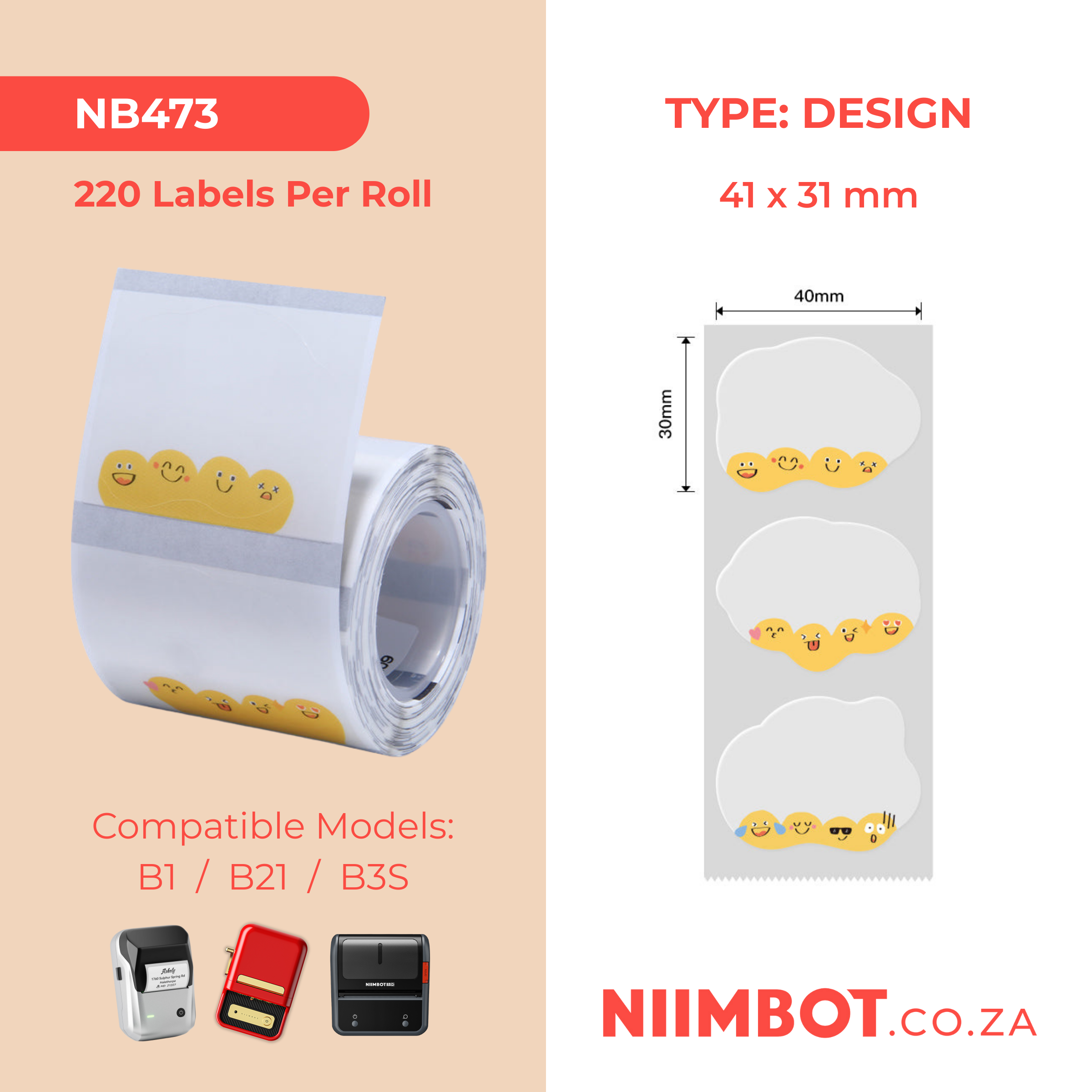 NB473 - NIIMBOT - B1 / B21 / B3S - TT41X31MM - 220 LABELS PER ROLL -  CUTE EMOJIS DESIGN