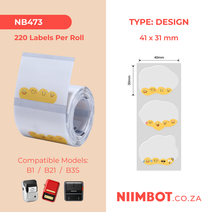 NB473 - NIIMBOT - B1 / B21 / B3S - TT41X31MM - 220 LABELS PER ROLL -  CUTE EMOJIS DESIGN