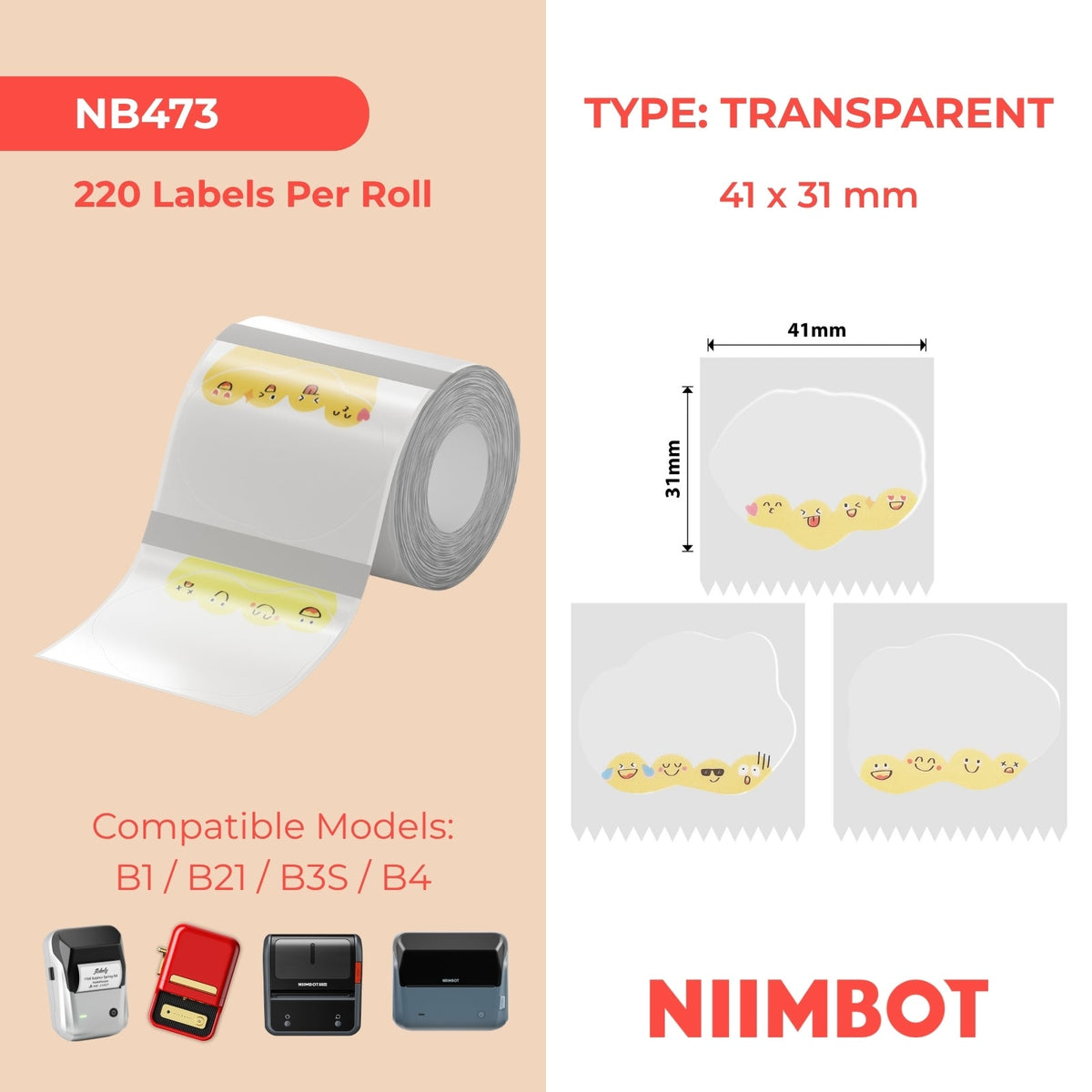 I-NB473 - NIIMBOT - B1 / B21 / B3S - TT41*31 - 220 AMALEBULA NGOKUQONGA NGAWO - OKUHLE KWE-EMOJIS DESIGN