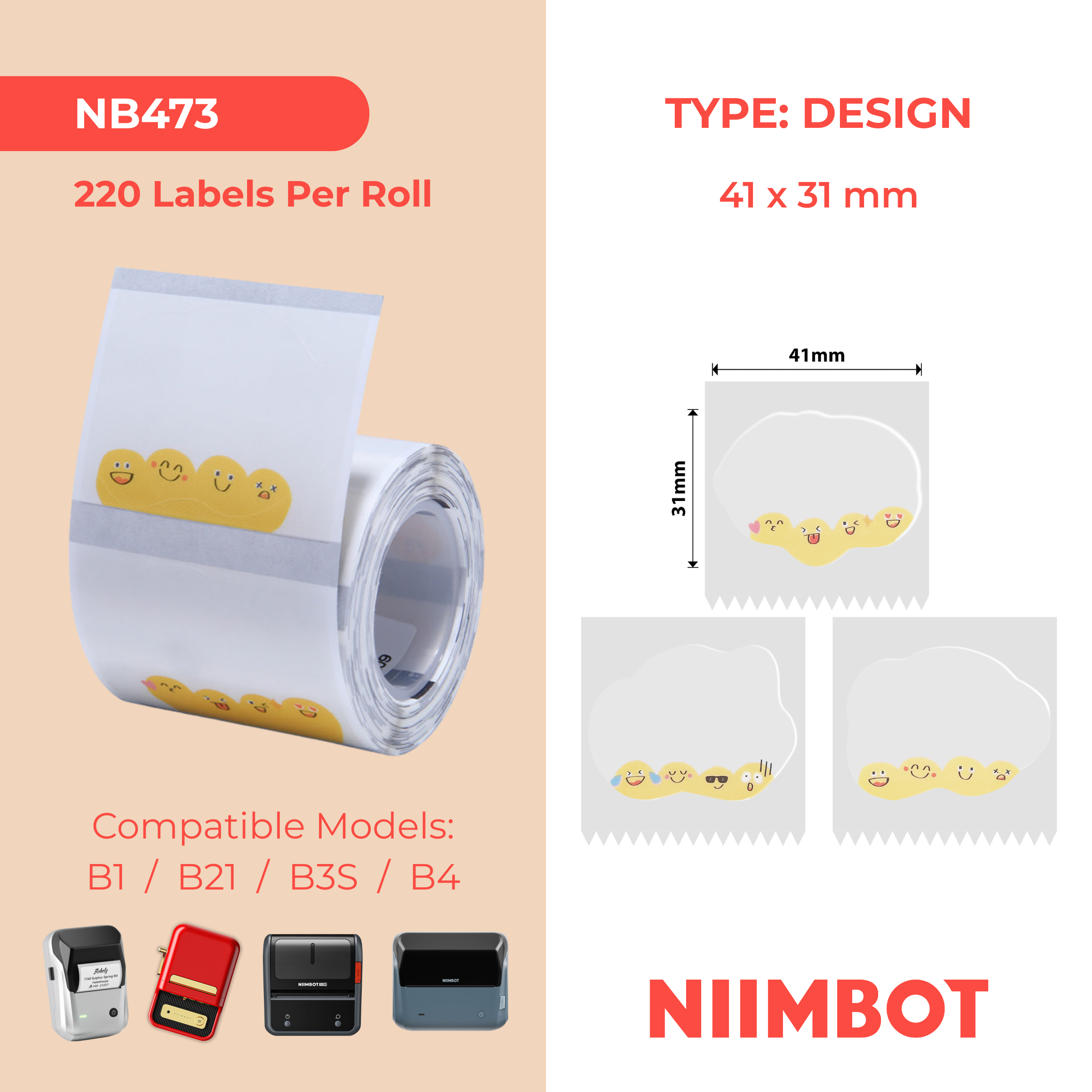 NB473 - NIIMBOT - B1 / B21 / B3S - TT41*31 - 220 ETIKETTE PER ROL - OULIKE EMOJIS-ONTWERP