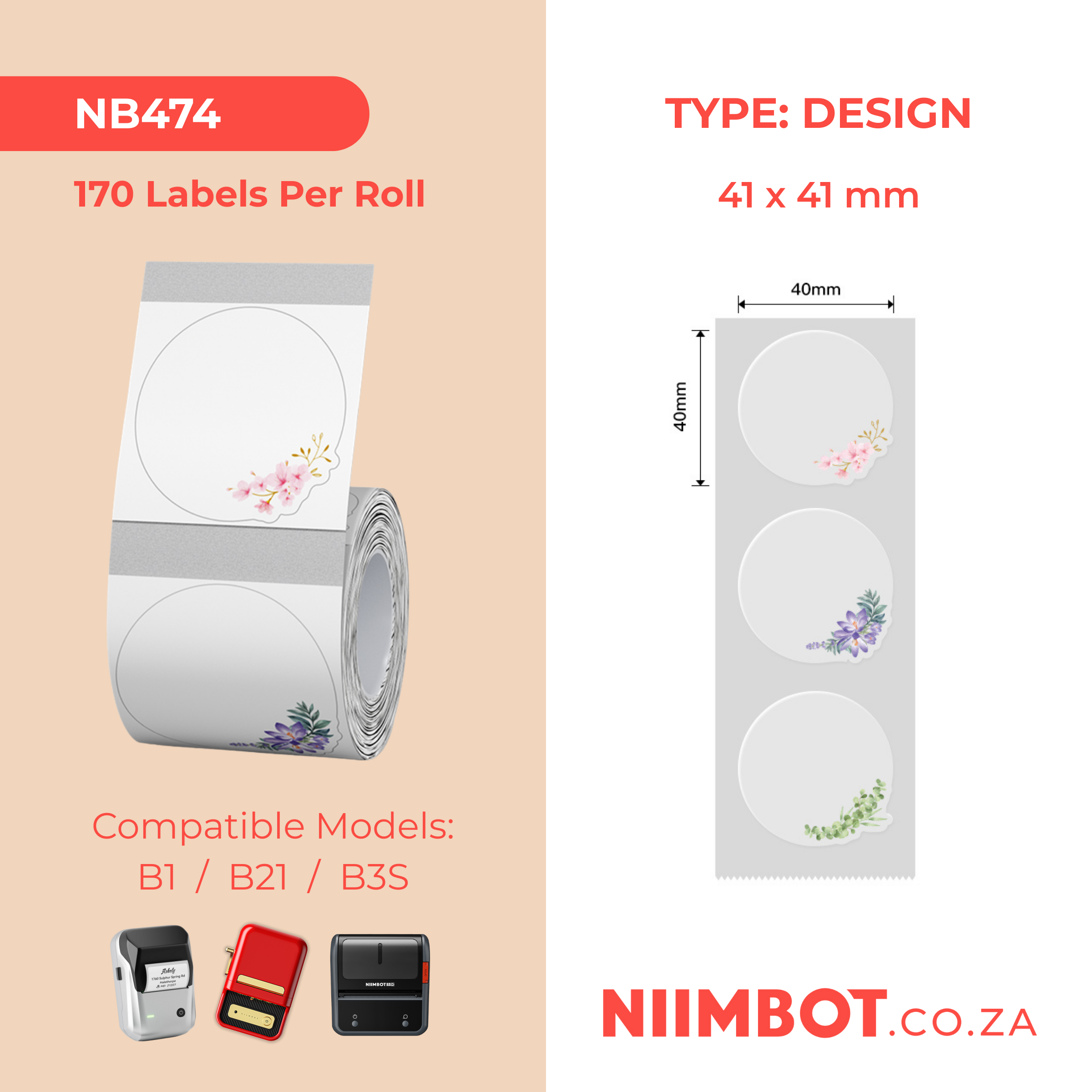 NB474 - NIIMBOT - B1 / B21 / B3S - 41X41MM - 170 LABELS PER ROLL - WHISPERING FLOWERS DESIGN - TRANSPARENT