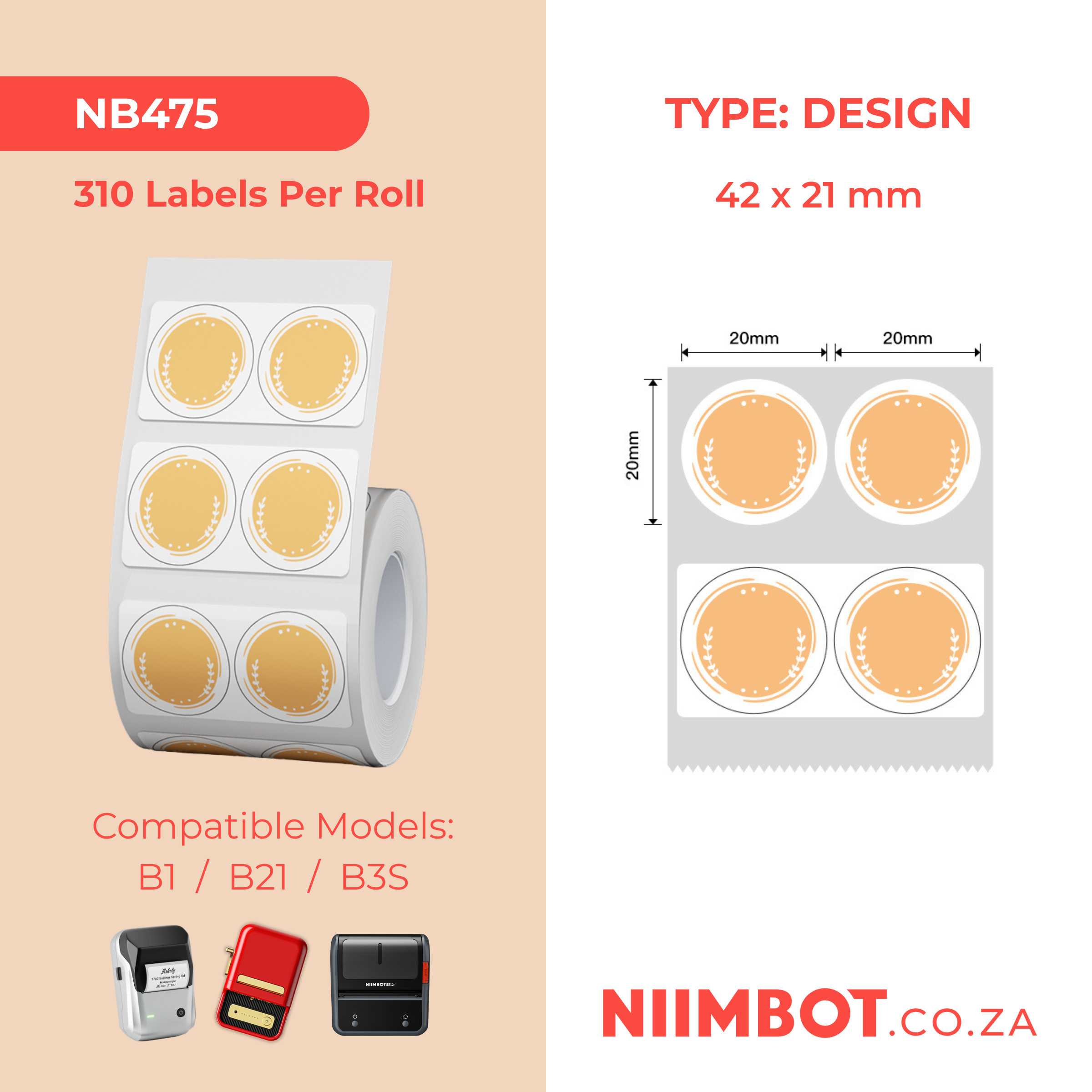 NB475 - NIIMBOT - B1 / B21 / B3S - 42X21MM - 310 ROUND ORANGE THERMAL LABELS