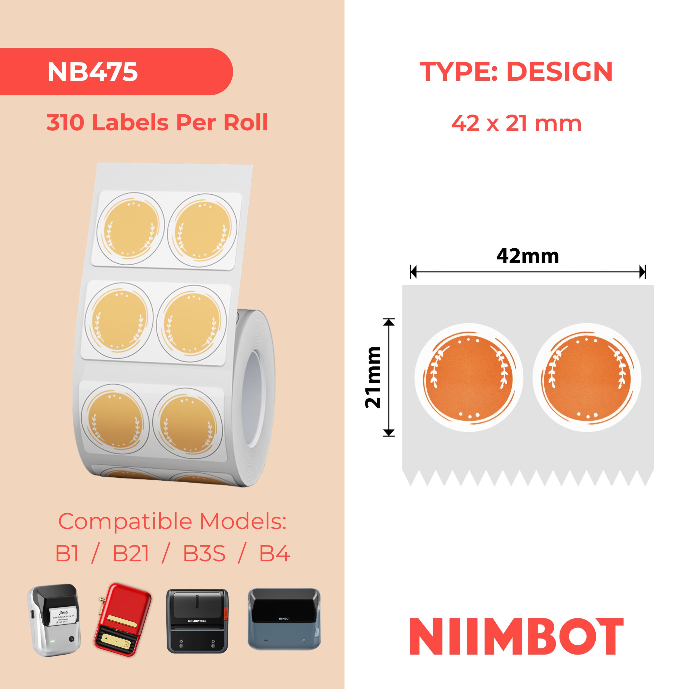 NB475 - NIIMBOT - B1 / B21 / B3S - 42*21MM - 310 RONDE ORANJE TERMIESE ETIKETTE 