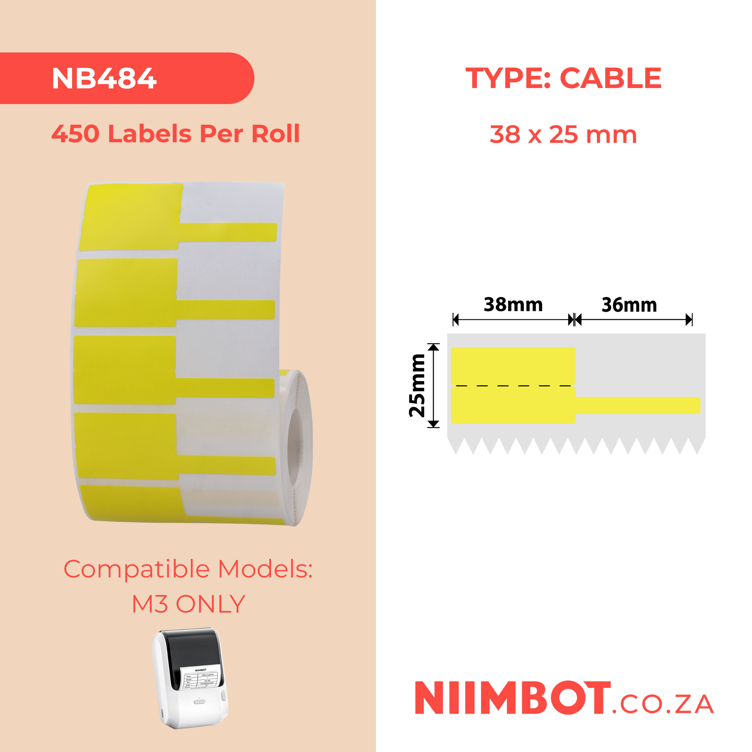 NB484 - NIIMBOT - M3 ONLY - 450 THERMAL TRANSFER LABELS PER ROLL - P38X25+36MM - YELLOW - CABLE