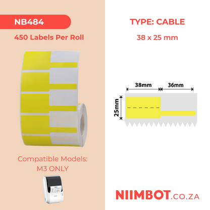 NB484 - NIIMBOT - M3 ONLY - 450 THERMAL TRANSFER LABELS PER ROLL - P38X25+36MM - YELLOW - CABLE