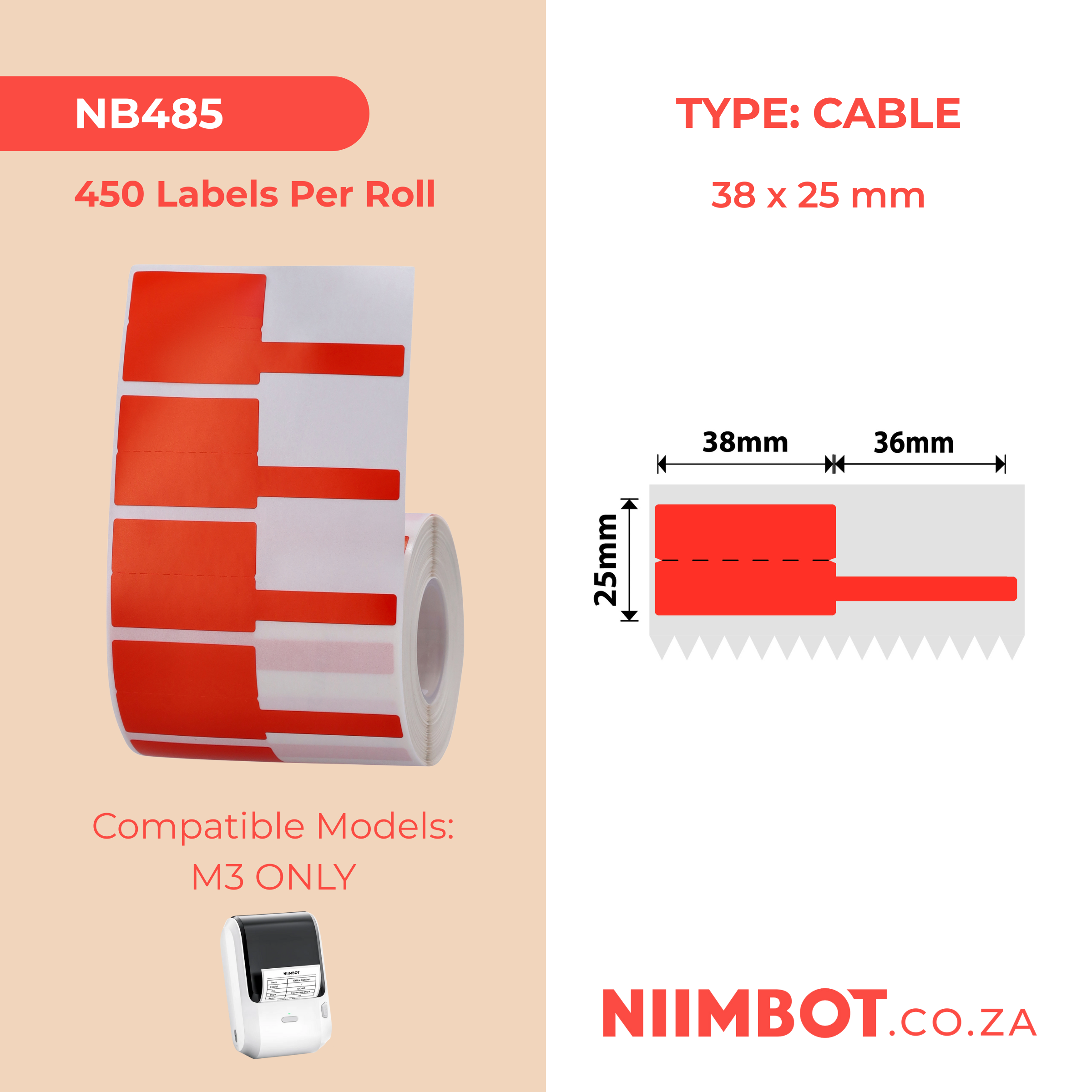 NB485 - NIIMBOT - M3 ONLY - 450 THERMAL TRANSFER LABELS - P38X25+36MM - CABLE - RED