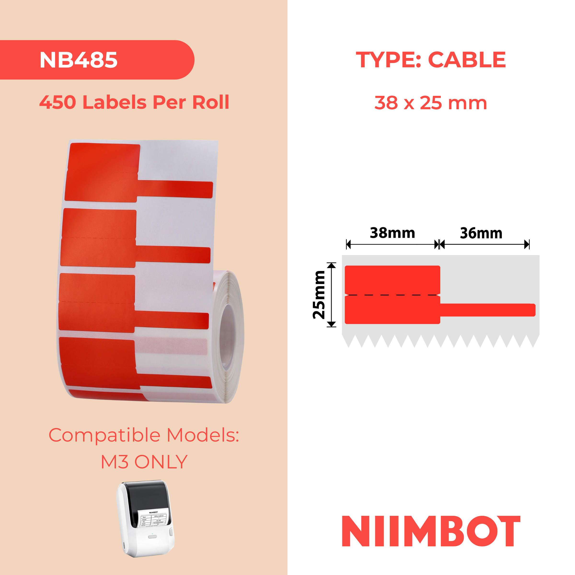 NB485 - NIIMBOT - SLEGS Z401 - TERMIESE OORDRAGETIKETTE - P38*25+36-450 ROOI KABEL