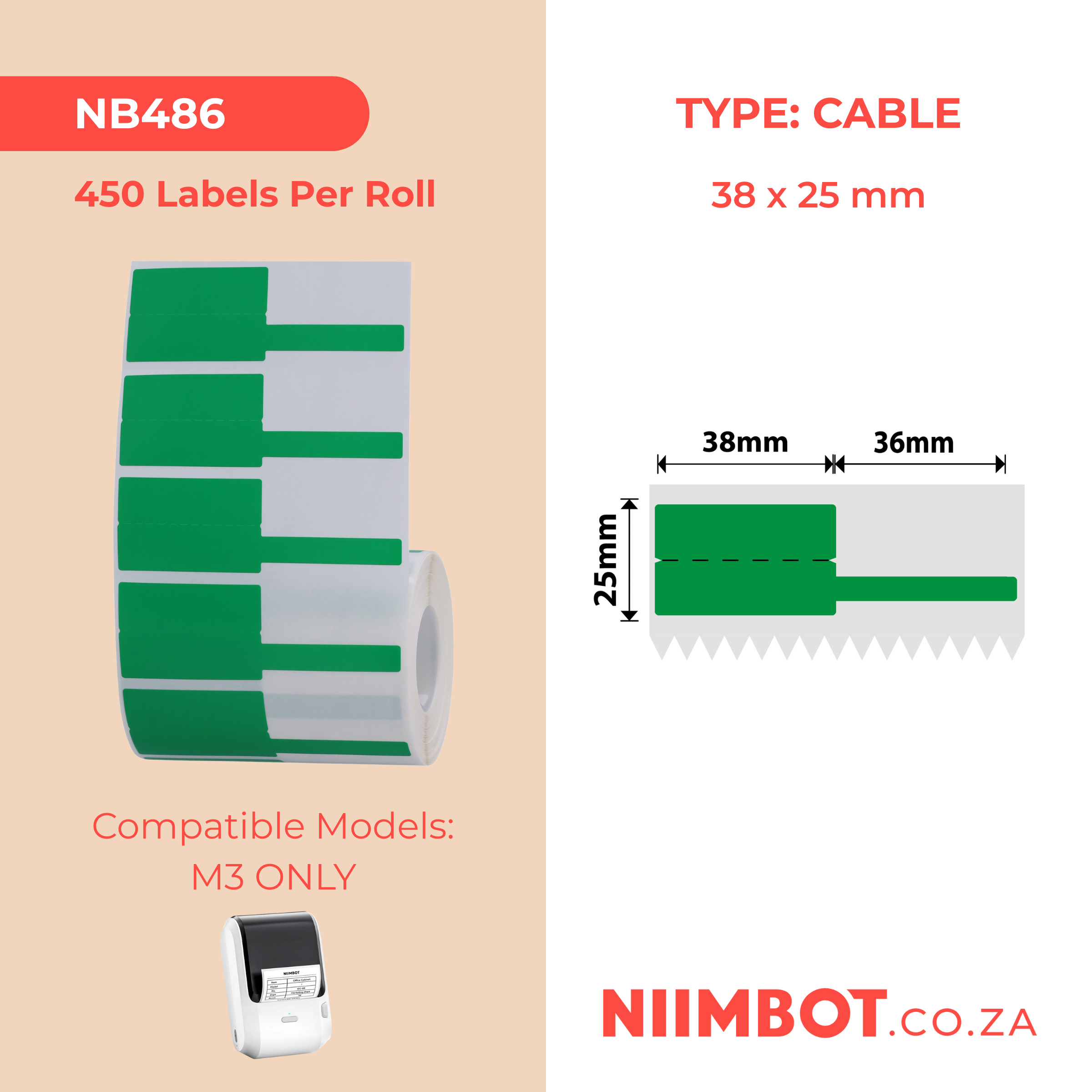 NB486 - NIIMBOT - M3 ONLY - 450 THERMAL TRANSFER LABELS - P38X25+36MM - CABLE - GREEN