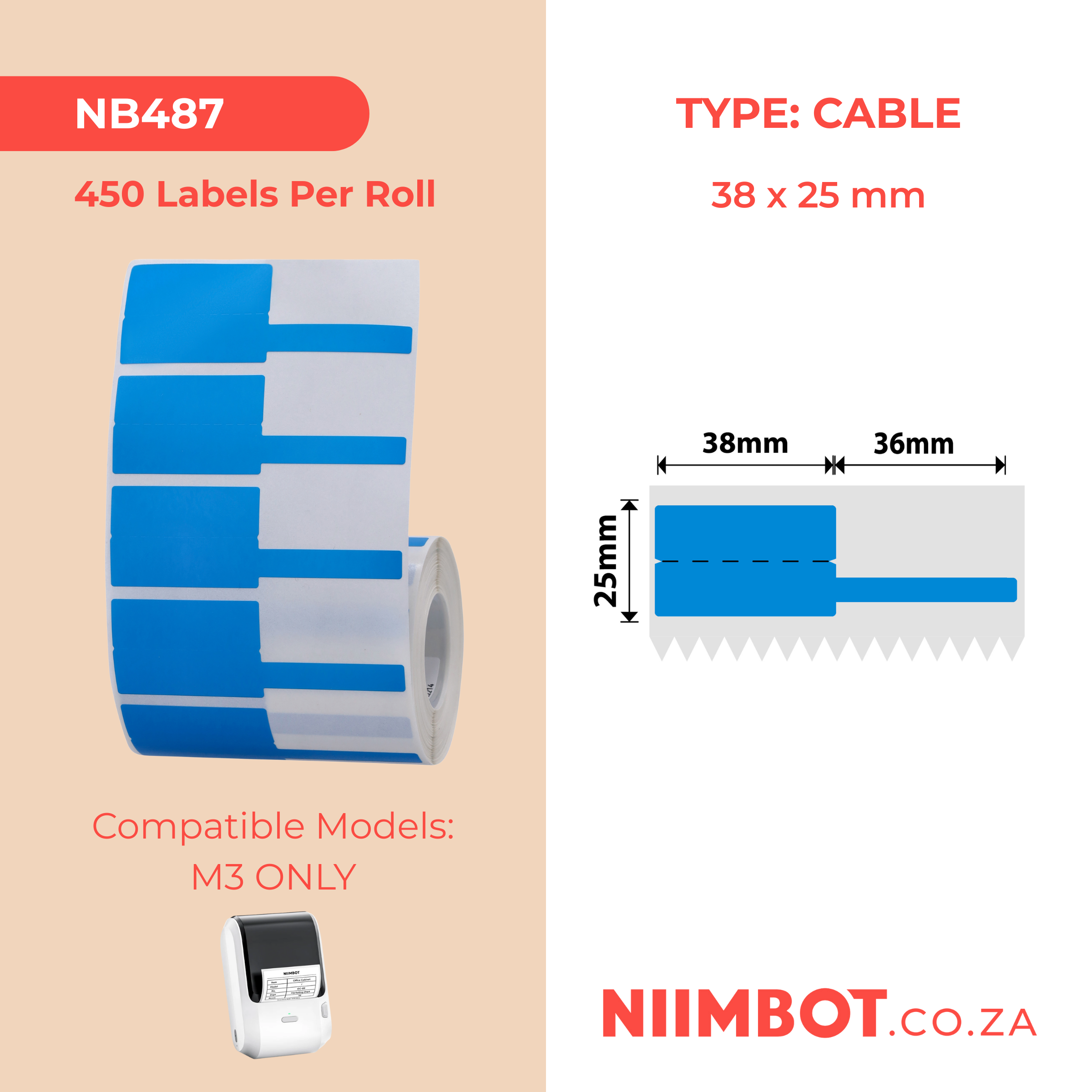 NB487 - NIIMBOT - M3 ONLY - 450 THERMAL TRANSFER LABELS - P38X25+36MM - CABLE - BLUE