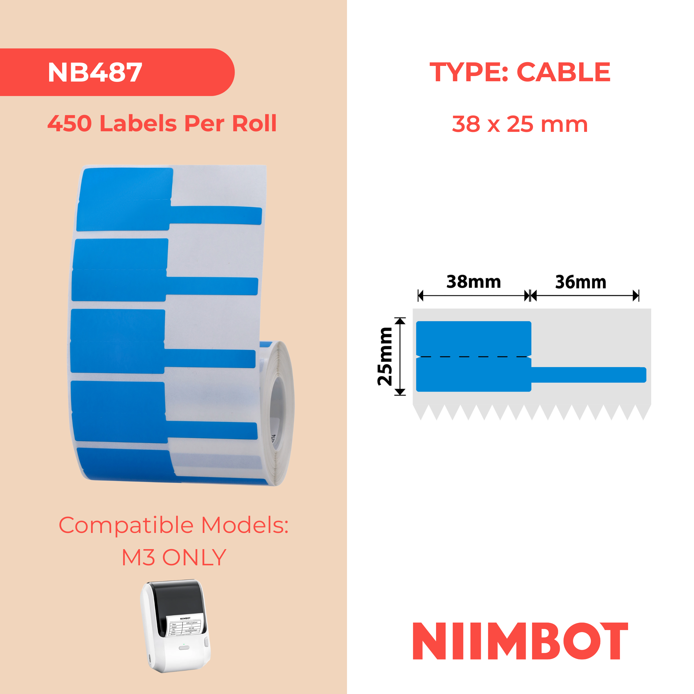NB487 - NIIMBOT - SLEGS Z401 - TERMIESE OORDRAGETIKETTE - P38*25+36-450 BLOU KABEL 