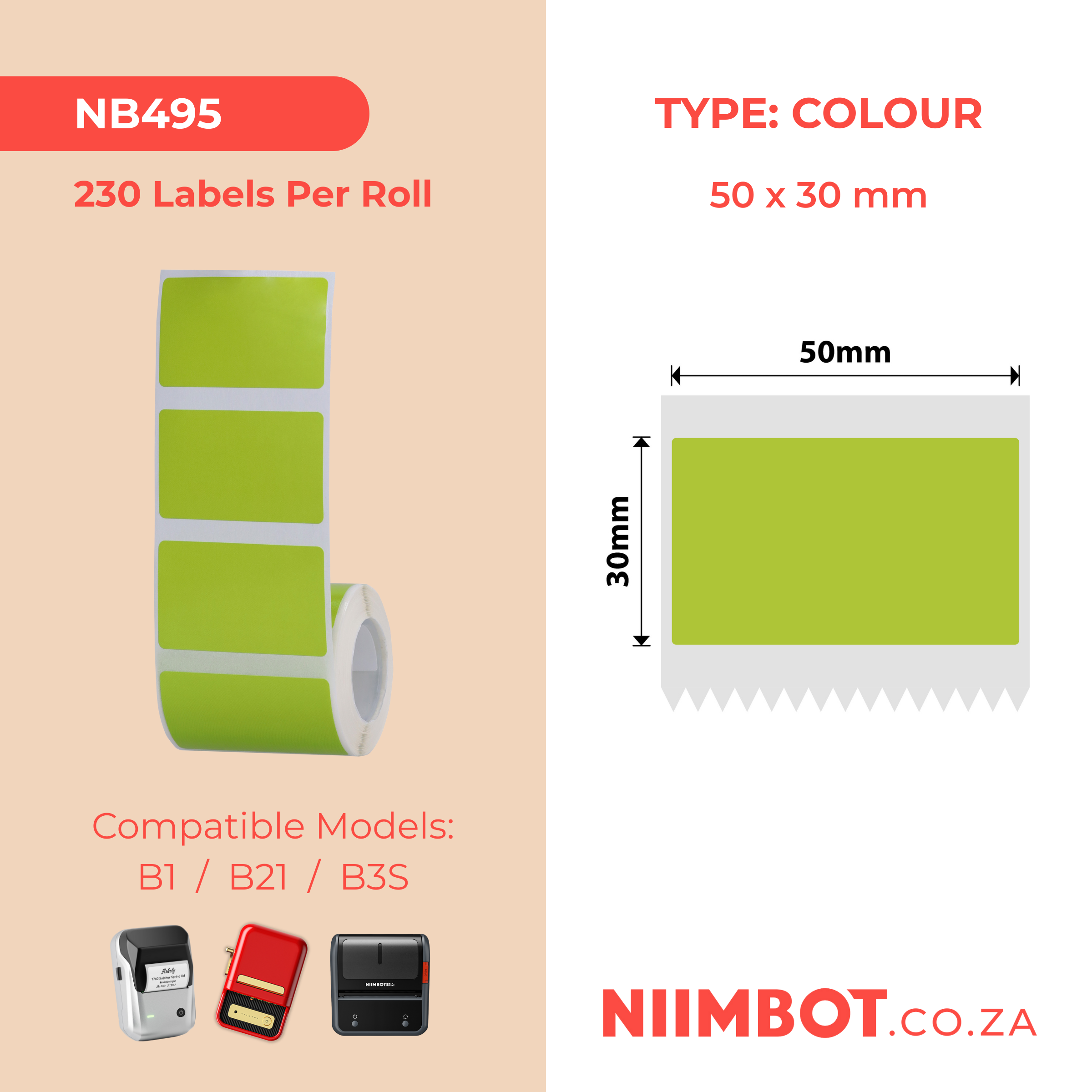 NB495 - NIIMBOT - B1 / B21 / B3S - T50X30MM - 230 THERMAL LABELS - FROZEN  BEAN GREEN