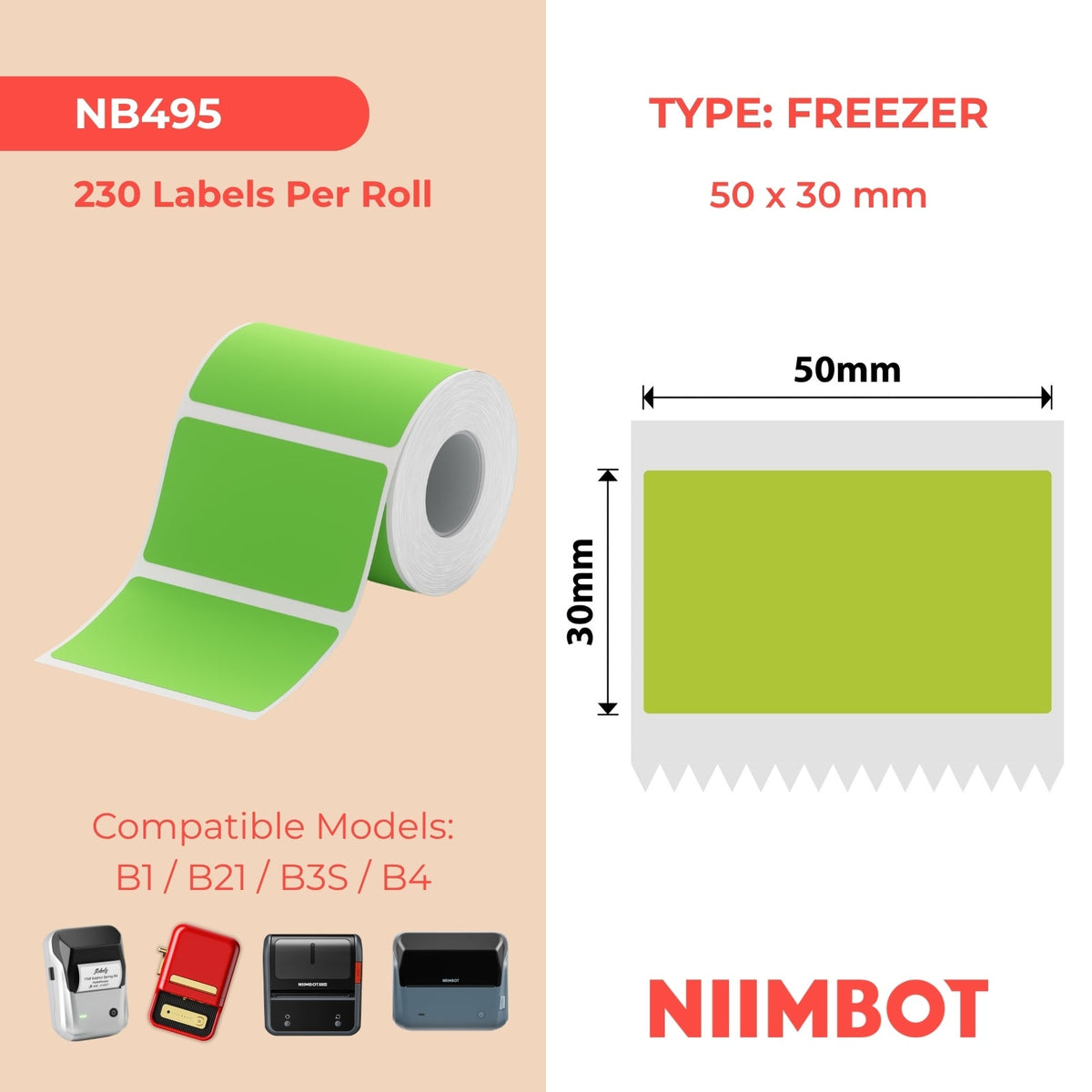 NB495 - NIIMBOT - B1 / B21 / B3S - T50*30MM - 230 TERMIESE ETIKETTE - BEVRORE BOONTJIES GROEN