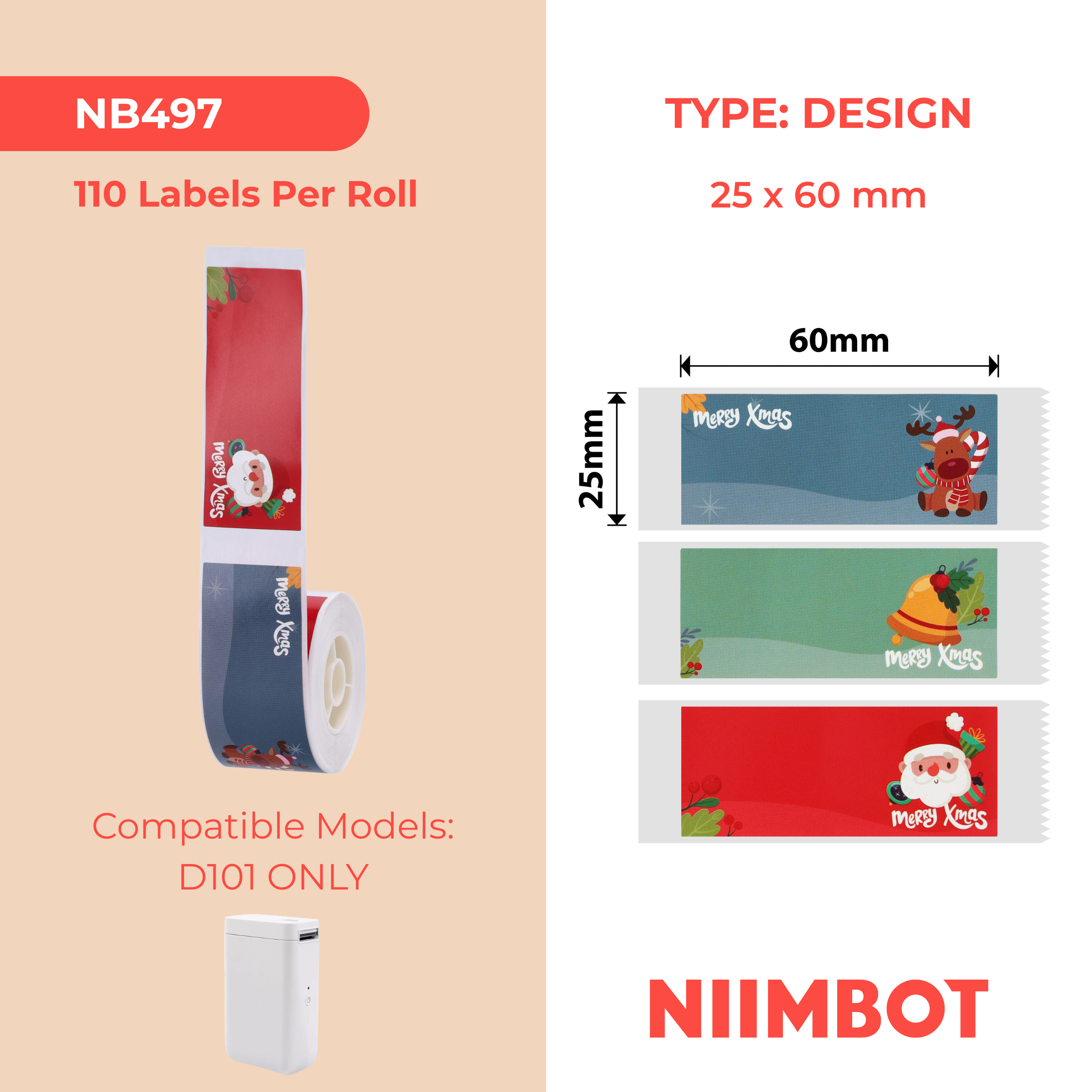 NB497 - NIIMBOT - D101 KUPHELA - R25*60MM - 110 LABELS NGAMUNYE - UKHISIMUSI