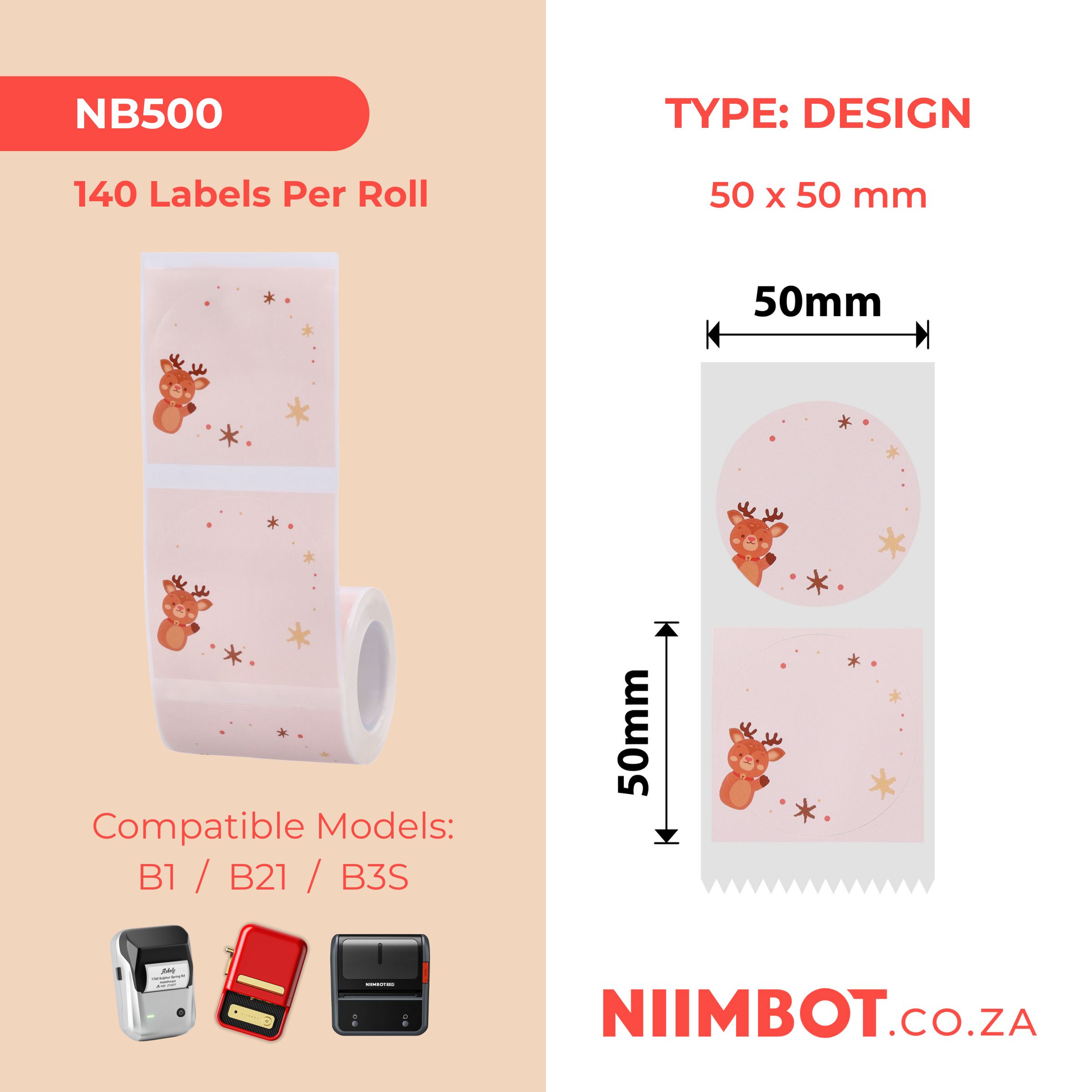 NB500 - NIIMBOT - B1 / B21 / B3S - 50X50MM - 140 LABELS PER ROLL - CHRISTMAS ELK