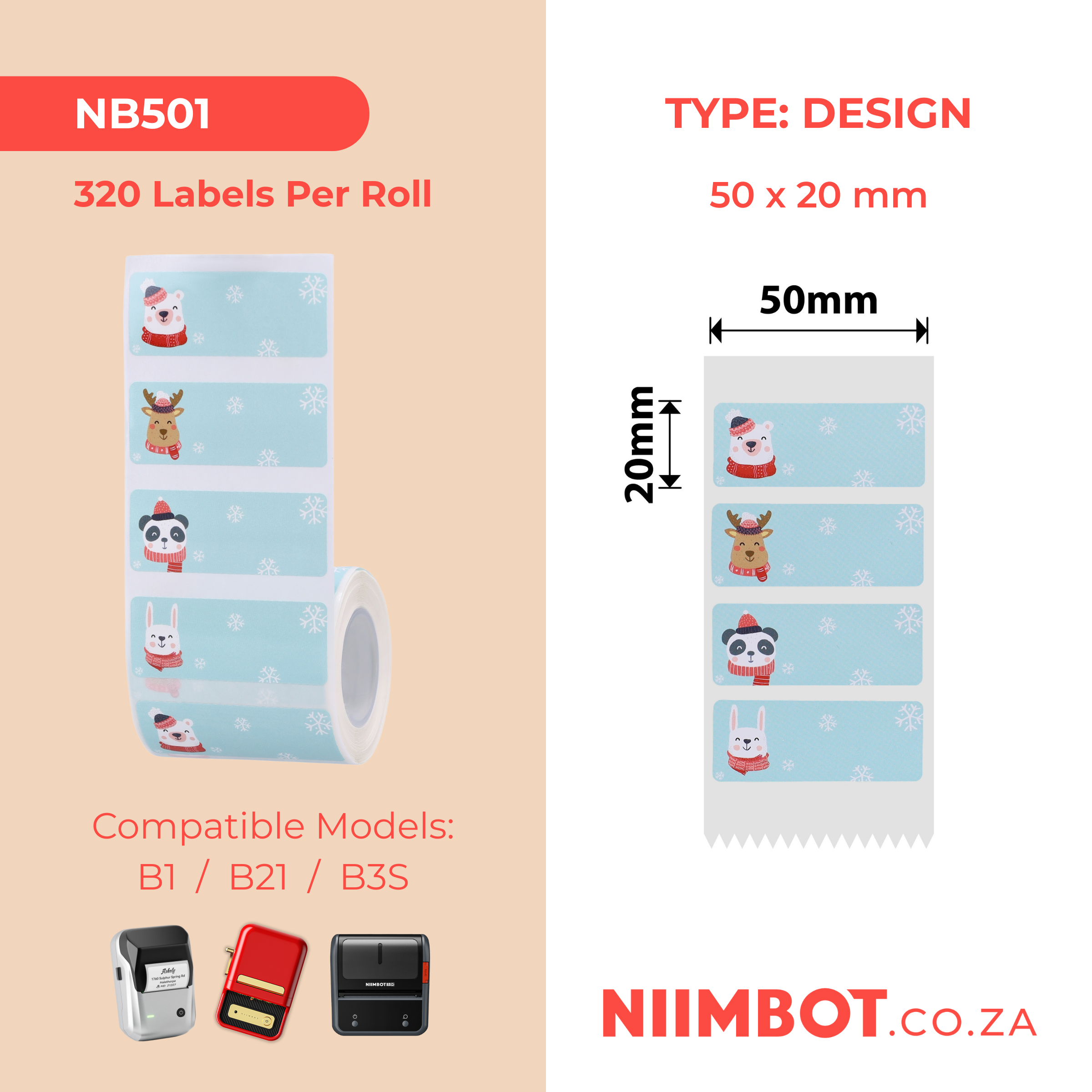 NB501 - NIIMBOT - B1 / B21 / B3S - 50X20MM - 320 LABELS PER ROLL - CHRISTMAS CUTE
