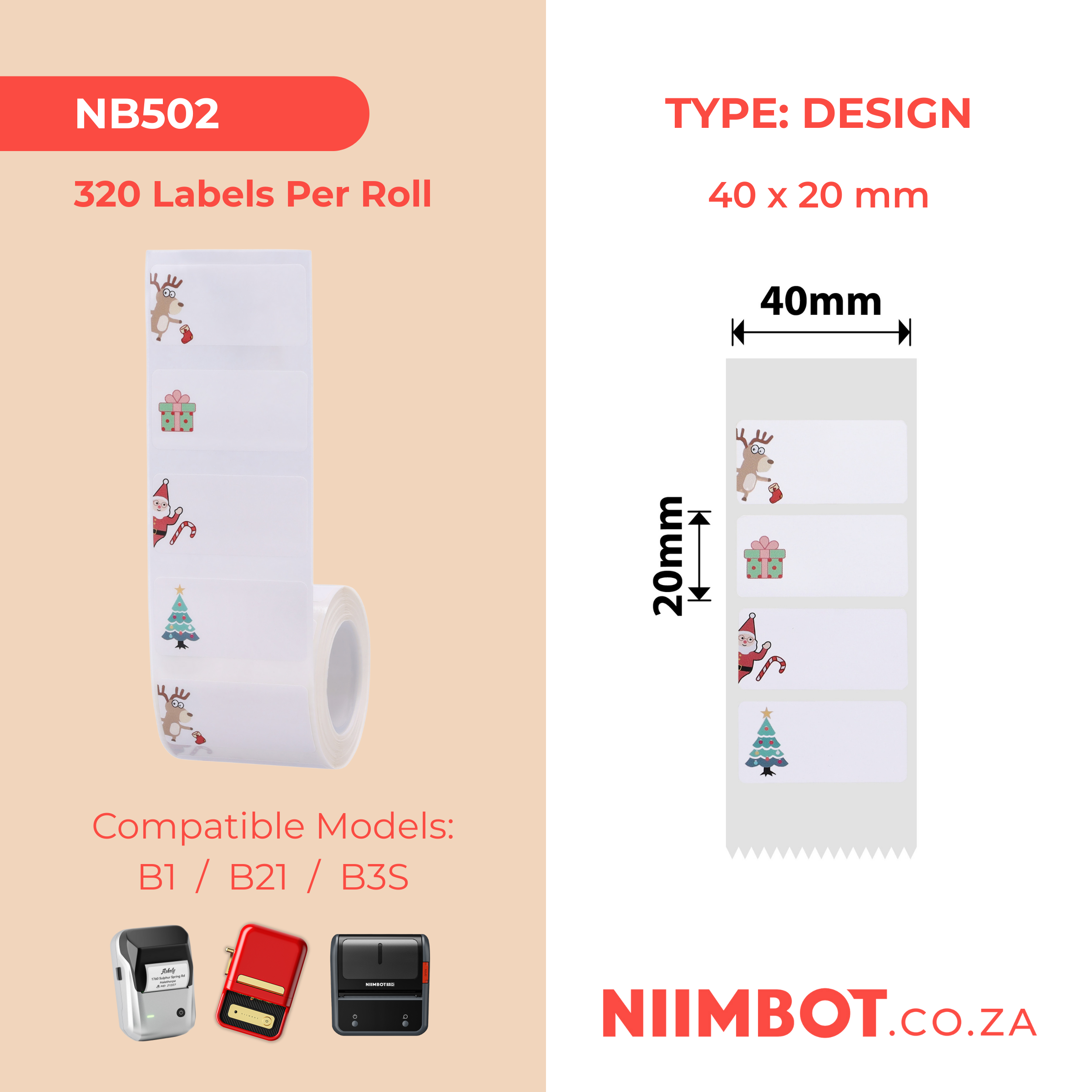 NB502 - NIIMBOT - B1 / B21 / B3S - T40X20MM - 320 LABELS PER ROLL - CHRISTMAS
