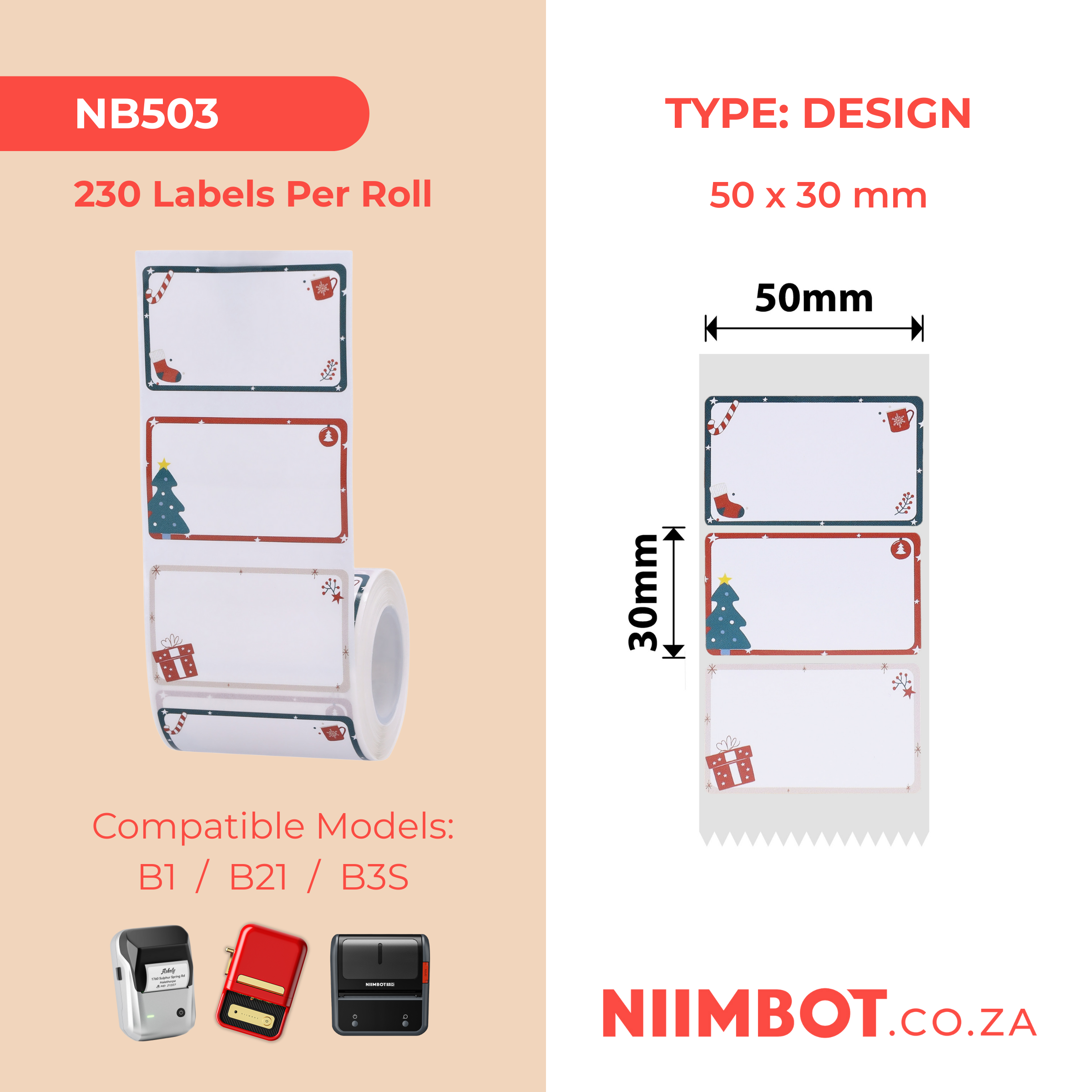 NB503 - NIIMBOT - B1 / B21 / B3S - T50X30MM - 230 LABELS PER ROLL- CHRISTMAS HEART
