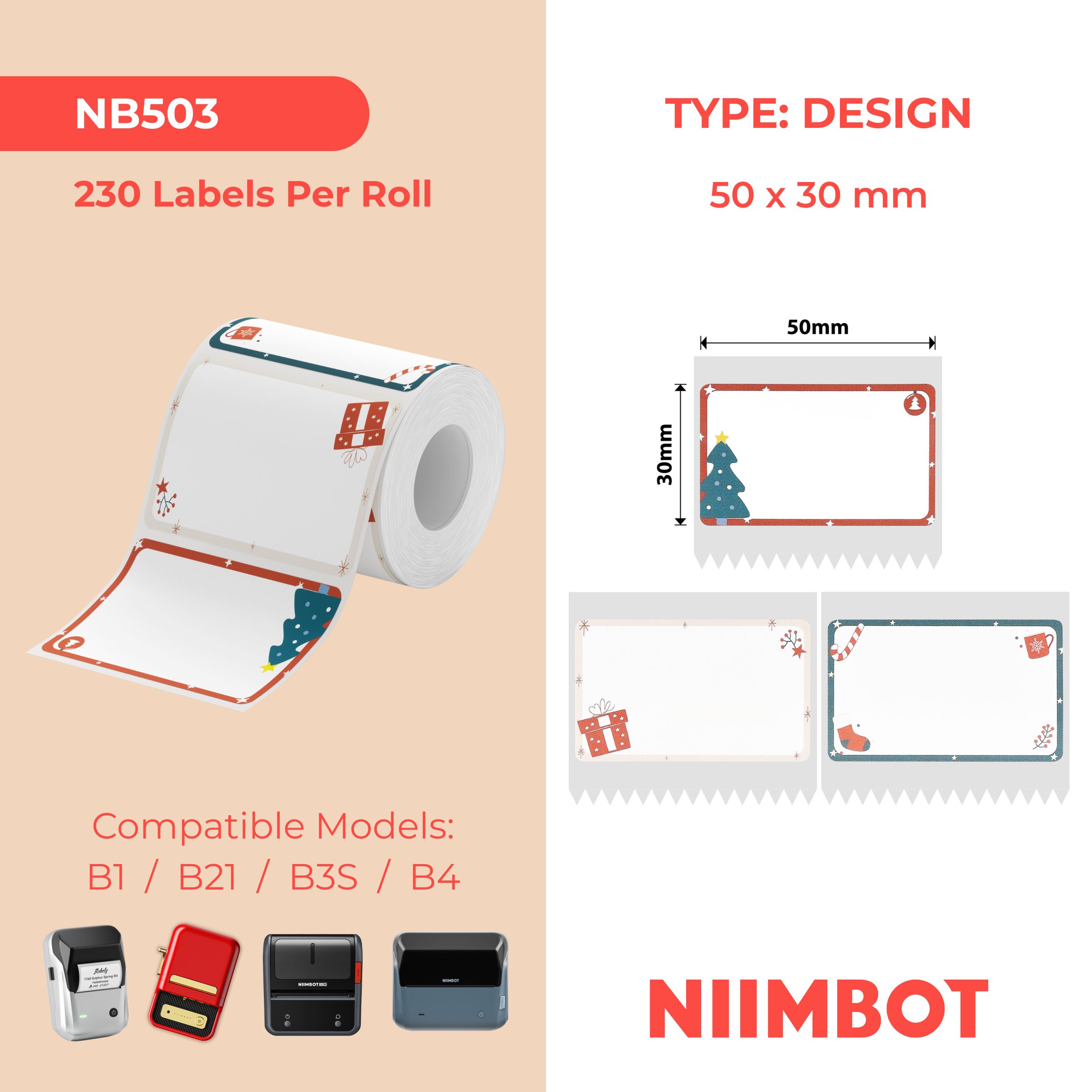 NIIMBOT - B Range - 50x30mm - Christmas Heart - 230 Labels