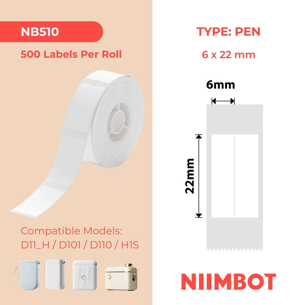 I-NB510 - NIIMBOT - D11 / D101 / D110 - 6*22MM/2L - 500 AMALEBO NGOKUQONGILEYO NGAMUNYE - IZITIKIKA ZEPENINI ELIMHLOPHE (STATIONARY)