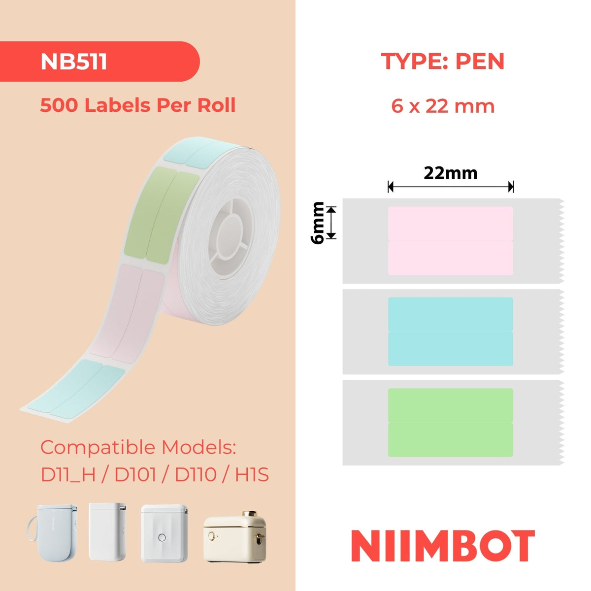 NB511 - NIIMBOT - D11 / D101 / D110 - AMALEBHU ETHERMAL - T6*22/2L - 500 ILEBULA NGOKUQONGILEYO NGAMUNYE - IZITIKIKA ZEPENINI EMININGI EMININGI (STATIONARY)